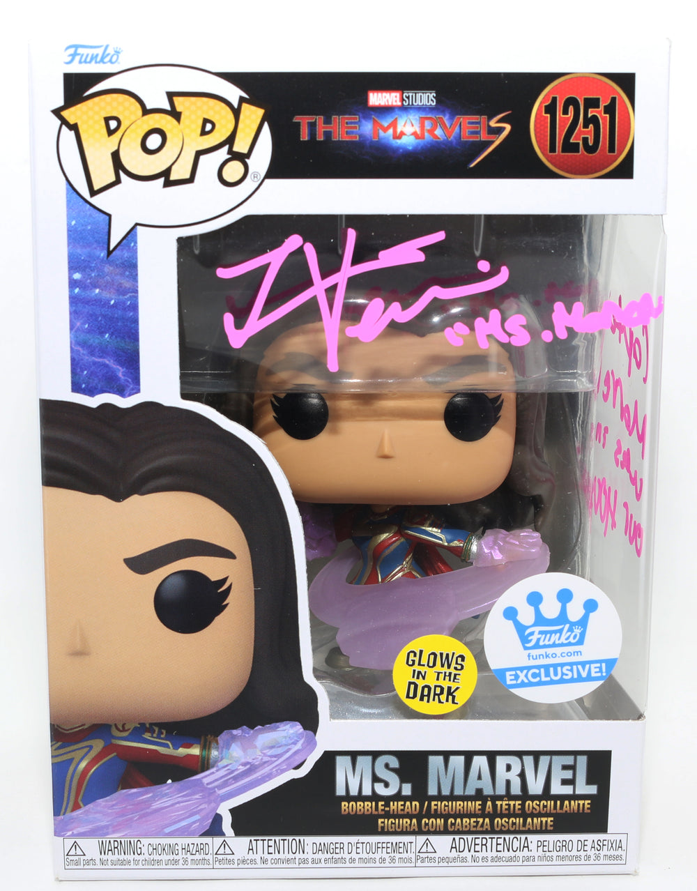 Iman Vellani as Ms. Marvel in The Marvels GITD Funko Store Exclusive (JSA) Signed Funko POP! #1251 with Character Name & Quote