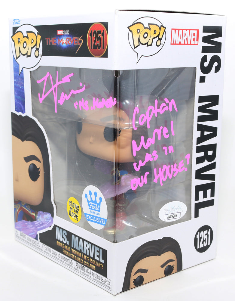 
                  
                    Iman Vellani as Ms. Marvel in The Marvels GITD Funko Store Exclusive (JSA) Signed Funko POP! #1251 with Character Name & Quote
                  
                