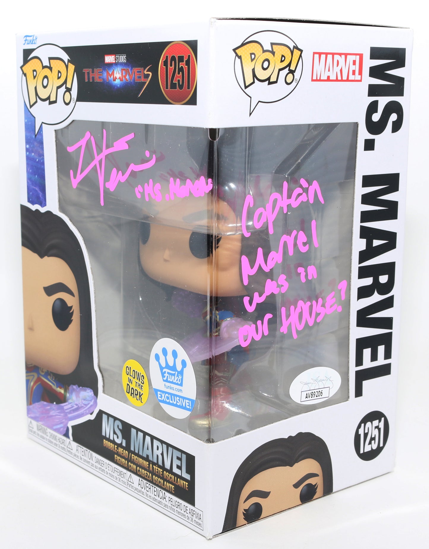
                  
                    Iman Vellani as Ms. Marvel in The Marvels GITD Funko Store Exclusive (JSA) Signed Funko POP! #1251 with Character Name & Quote
                  
                