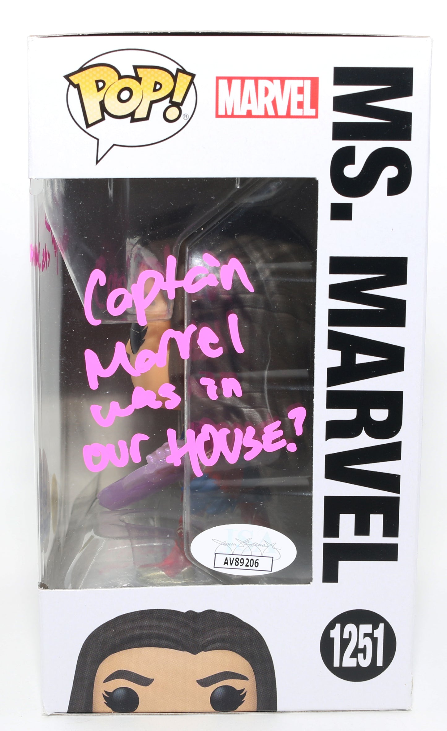 
                  
                    Iman Vellani as Ms. Marvel in The Marvels GITD Funko Store Exclusive (JSA) Signed Funko POP! #1251 with Character Name & Quote
                  
                