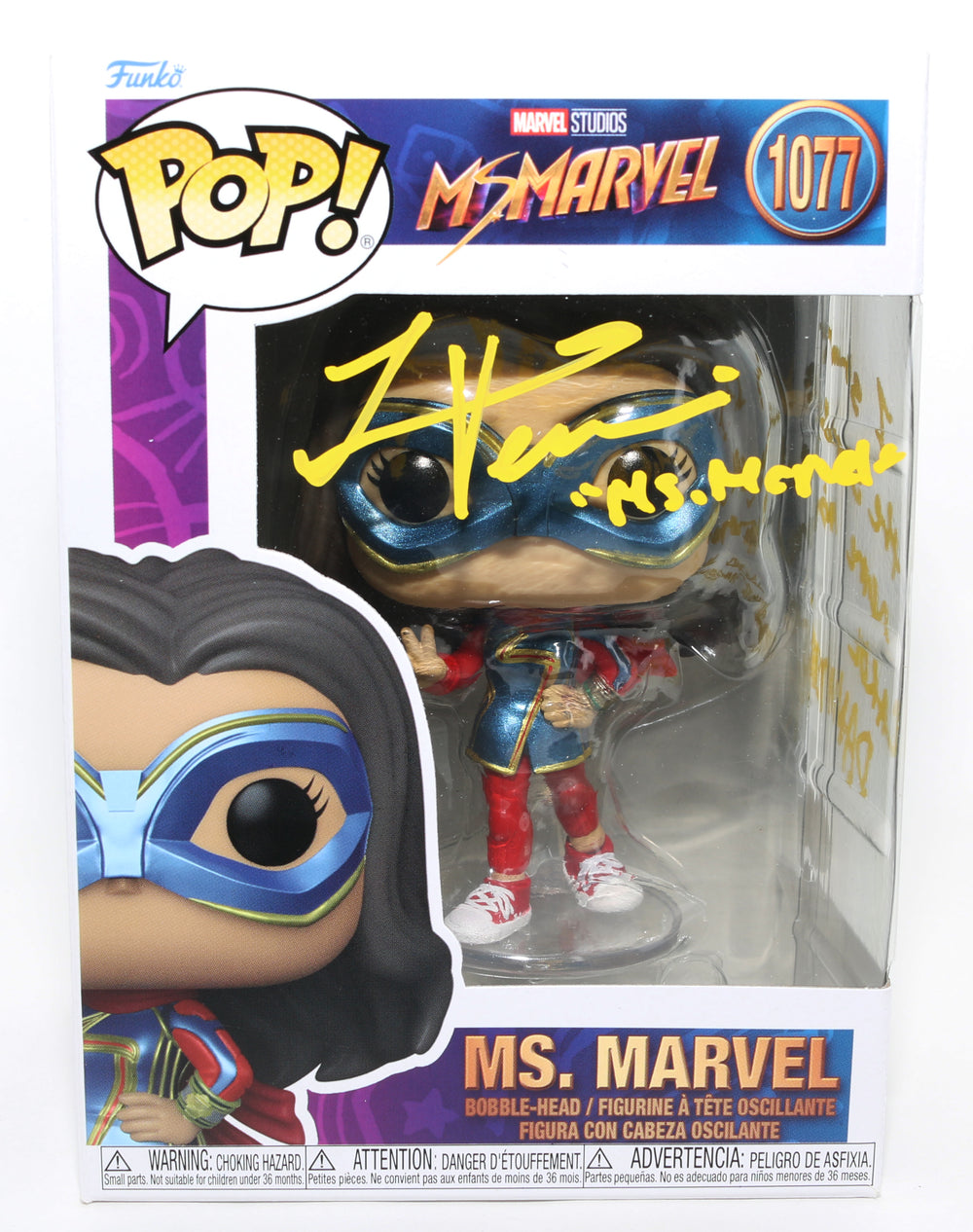 Iman Vellani as Ms. Marvel in Ms. Marvel (JSA) Signed Funko POP! #1077 with Character Name & Quote