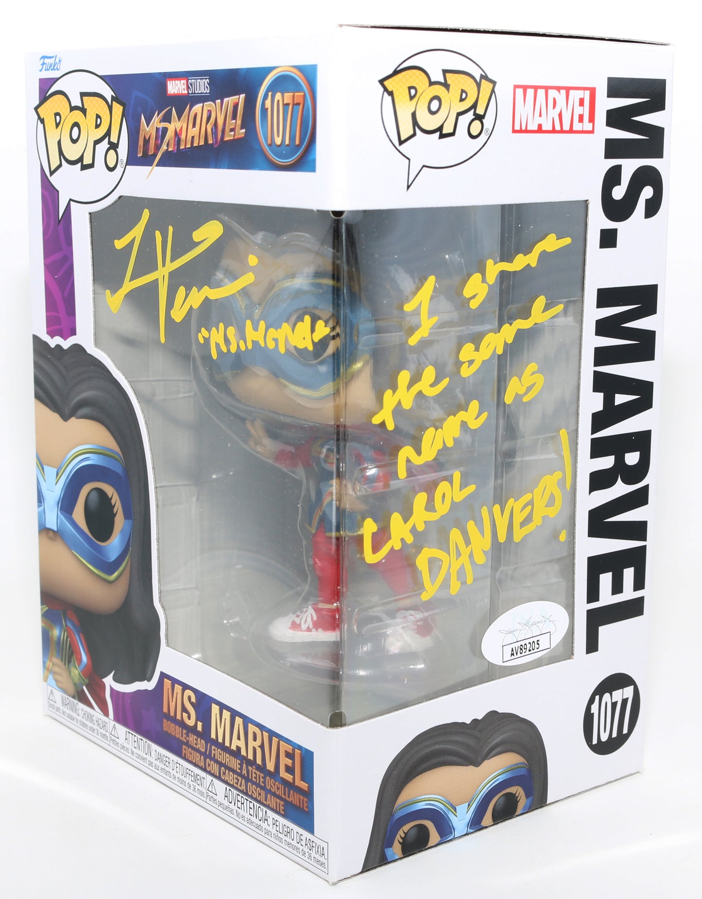 
                  
                    Iman Vellani as Ms. Marvel in Ms. Marvel (JSA) Signed Funko POP! #1077 with Character Name & Quote
                  
                