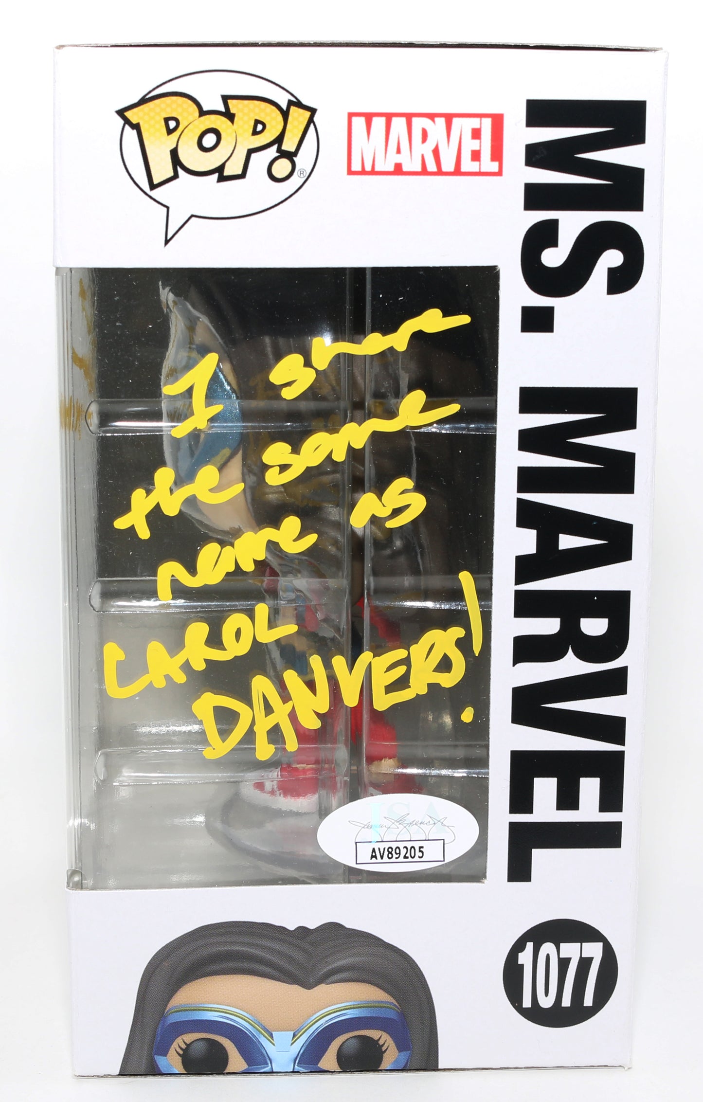 
                  
                    Iman Vellani as Ms. Marvel in Ms. Marvel (JSA) Signed Funko POP! #1077 with Character Name & Quote
                  
                