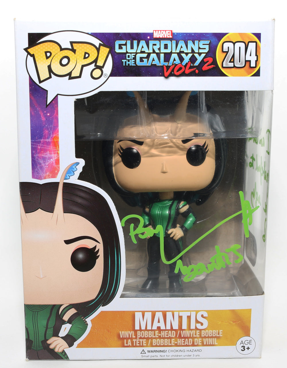 Pom Klementieff as Mantis in Guardians of the Galaxy Vol. 2 (SWAU) Signed Funko POP! #204 with Character Name & Quote
