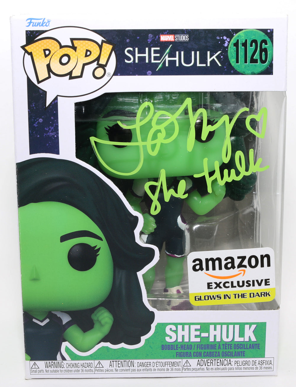 Tatiana Maslany as She-Hulk [Jumpsuit] in She-Hulk Amazon Exclusive Glows in the Dark (JSA) Signed Funko POP! #1126 with Character Name