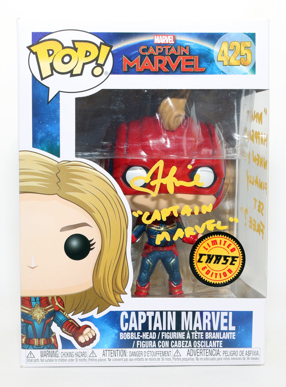 Brie Larson as Captain Marvel in Captain Marvel Chase Edition Signed Funko POP! #425 with Character Name & Quote