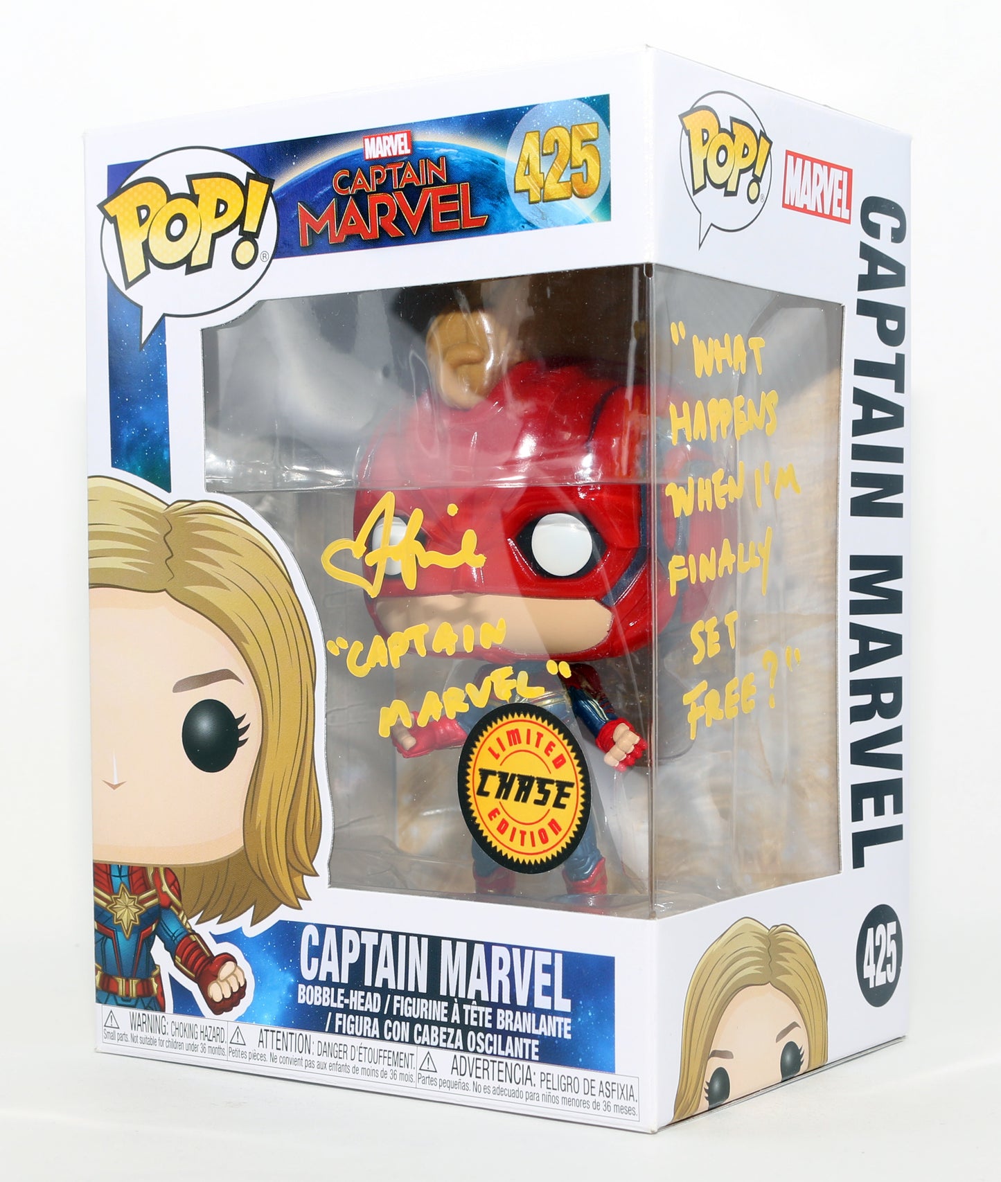 
                  
                    Brie Larson as Captain Marvel in Captain Marvel Chase Edition Signed Funko POP! #425 with Character Name & Quote
                  
                
