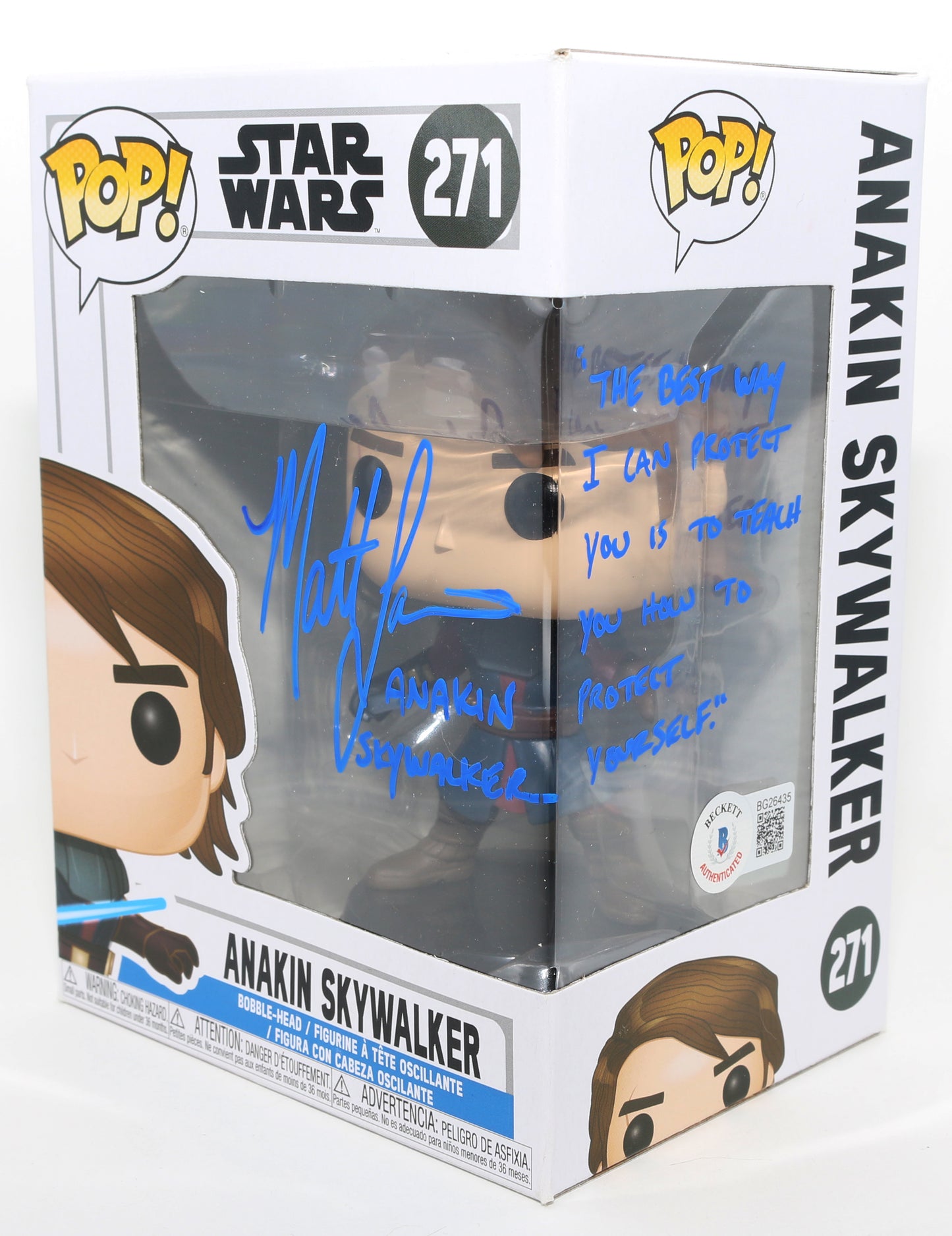 
                  
                    Matt Lanter as Anakin Skywalker in Star Wars: The Clone Wars (Beckett) Signed Funko POP! #271 with Character Name & Quote
                  
                