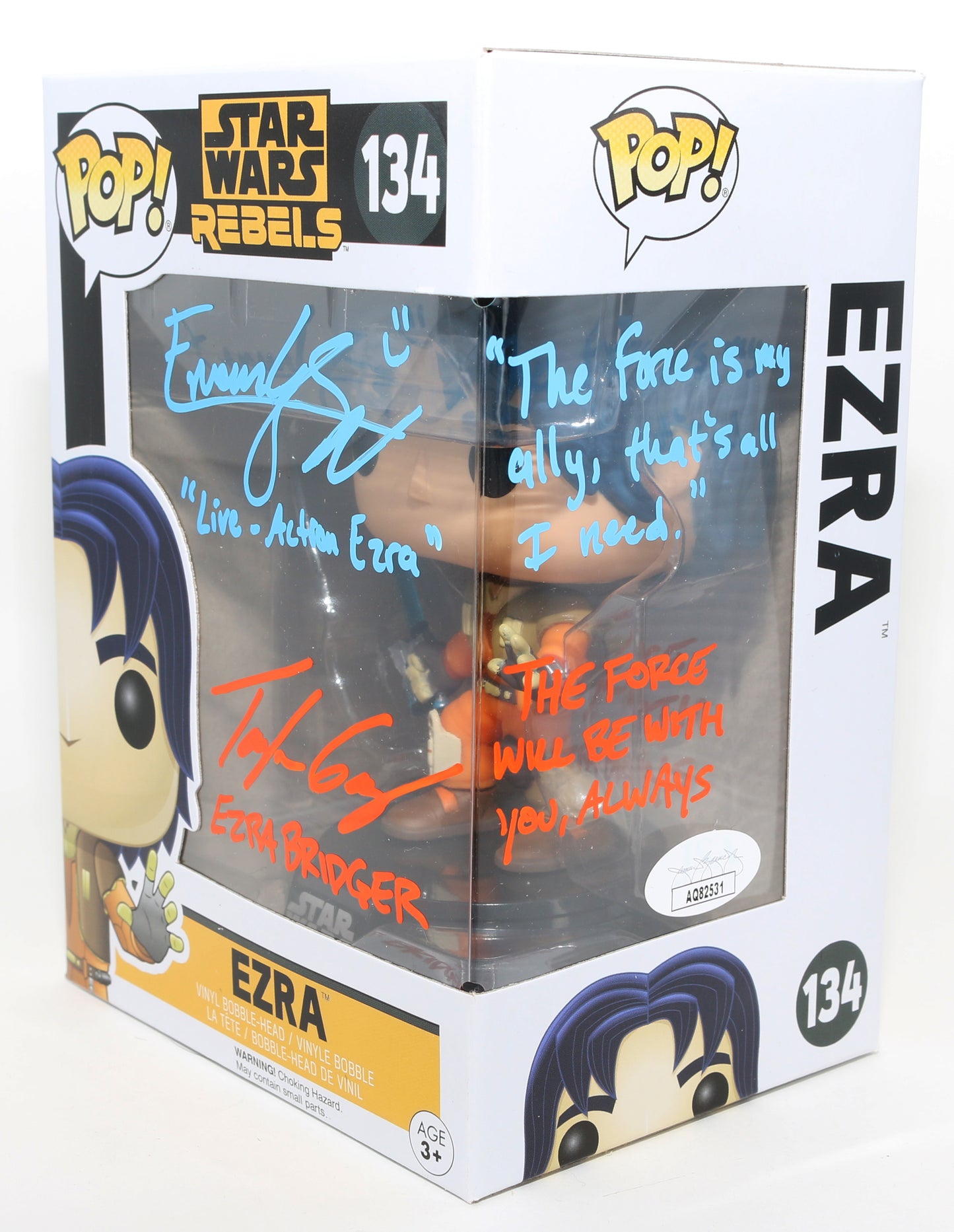 
                  
                    Eman Esfandi as Live Action & Taylor Gray as Animated Ezra Bridger in Star Wars: Ahsoka & Star Wars: Rebels (JSA) Signed Funko POP! #136 with Character Names & Quotes
                  
                