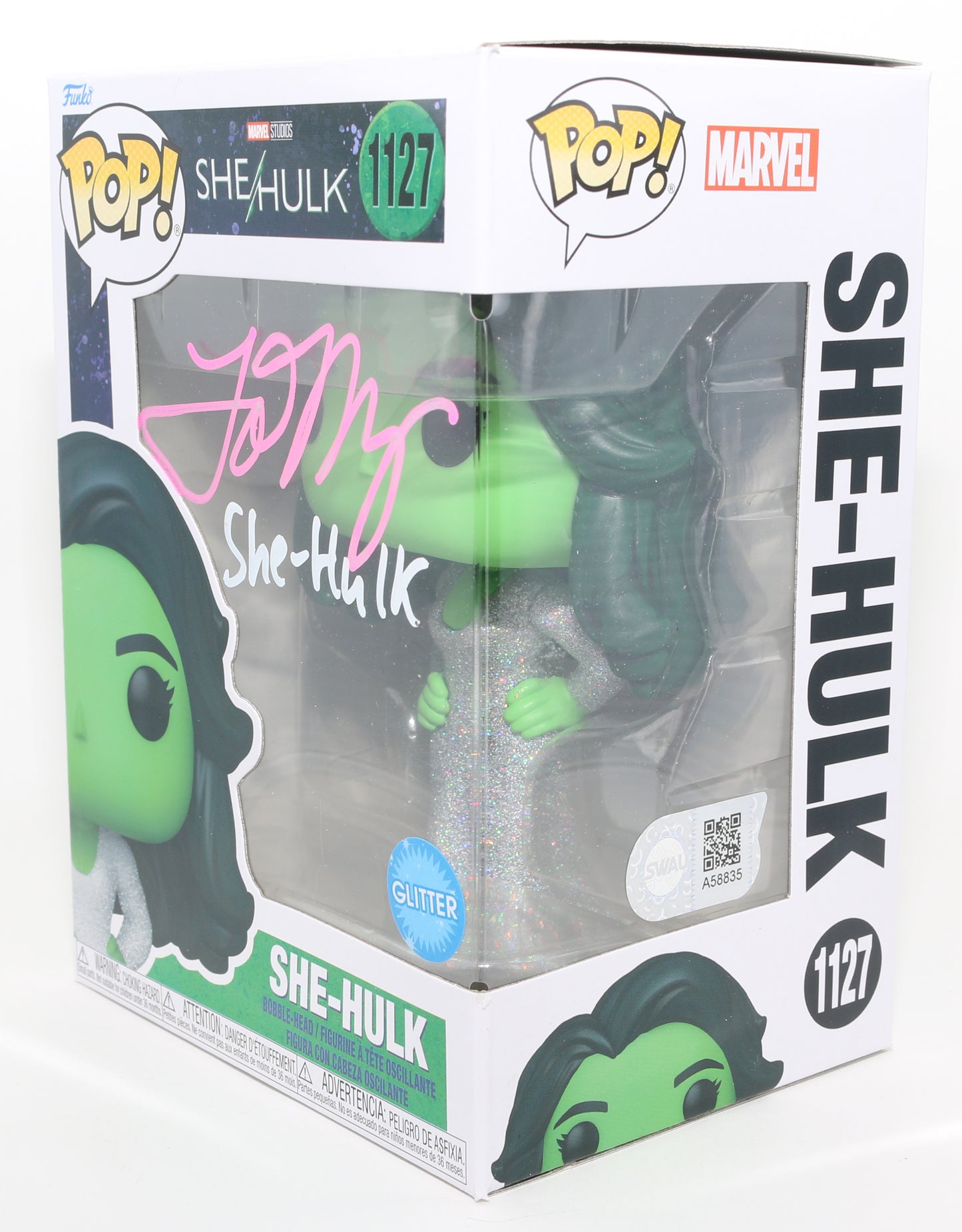 
                  
                    Tatiana Maslany as She-Hulk [Gala Dress] in She-Hulk Glitter Edition (SWAU) Signed Funko POP! #1127 with Character Name
                  
                