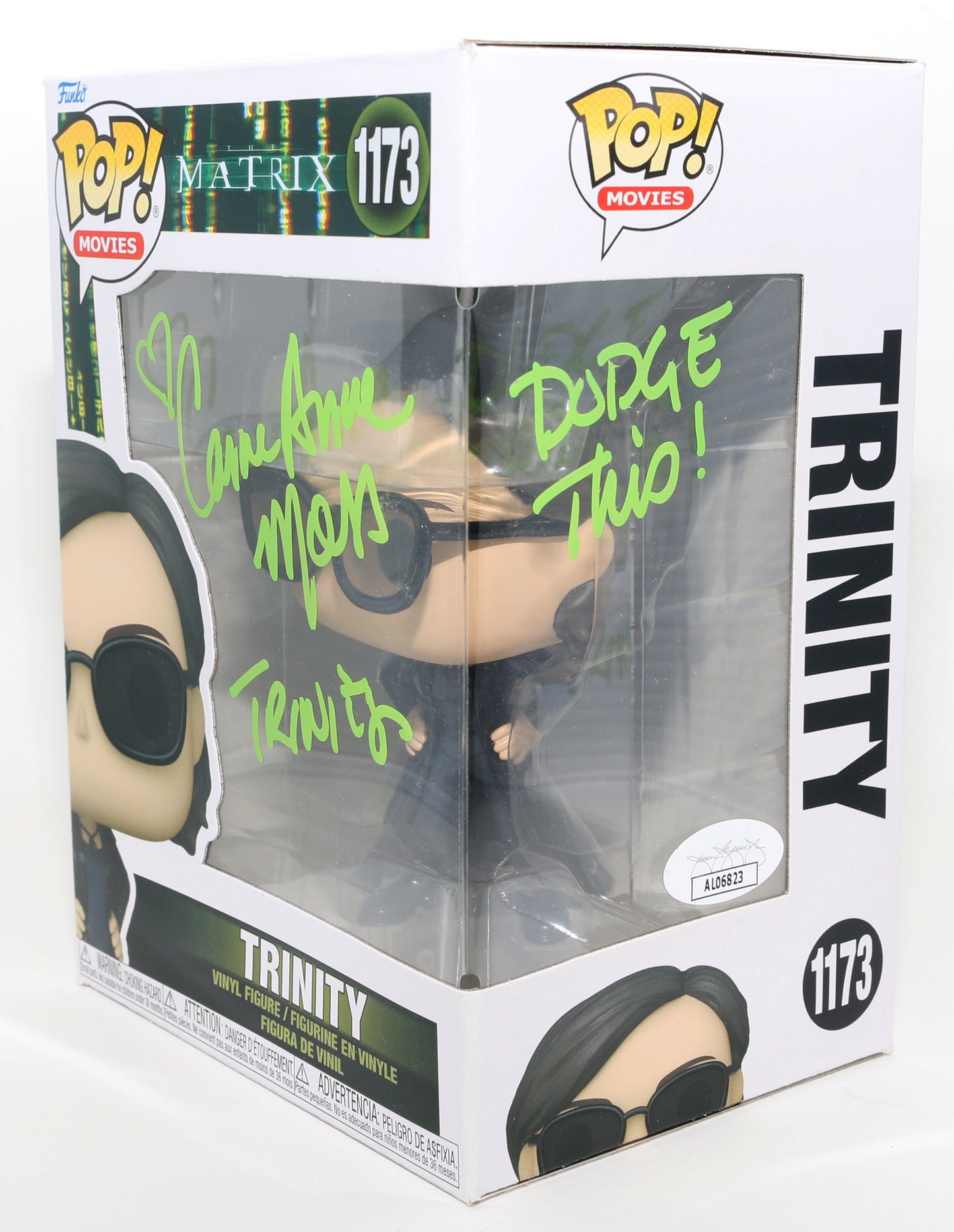 
                  
                    Carrie Anne Moss as Trinity in The Matrix (JSA) Signed Funko POP! #1073 with Character Name & Quote
                  
                