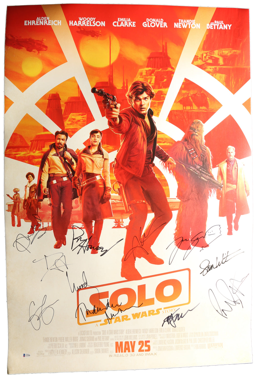 Solo: A Star Wars Story 27x40 Poster Cast Signed by Alden Ehrenreich, Woody Harrelson, Emilia Clarke, Donald Glover, Thandiwe Newton, Phoebe Waller-Bridge, Joonas Suotamo, Paul Bettany, Sam Witwer, Ron Howard, & Jon Favreau