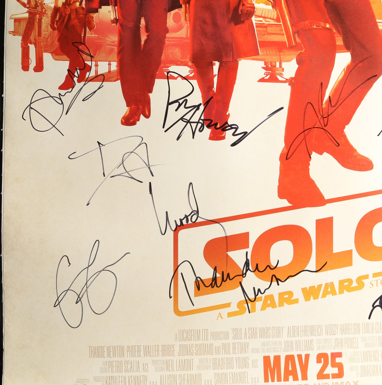 
                  
                    Solo: A Star Wars Story 27x40 Poster Cast Signed by Alden Ehrenreich, Woody Harrelson, Emilia Clarke, Donald Glover, Thandiwe Newton, Phoebe Waller-Bridge, Joonas Suotamo, Paul Bettany, Sam Witwer, Ron Howard, & Jon Favreau
                  
                