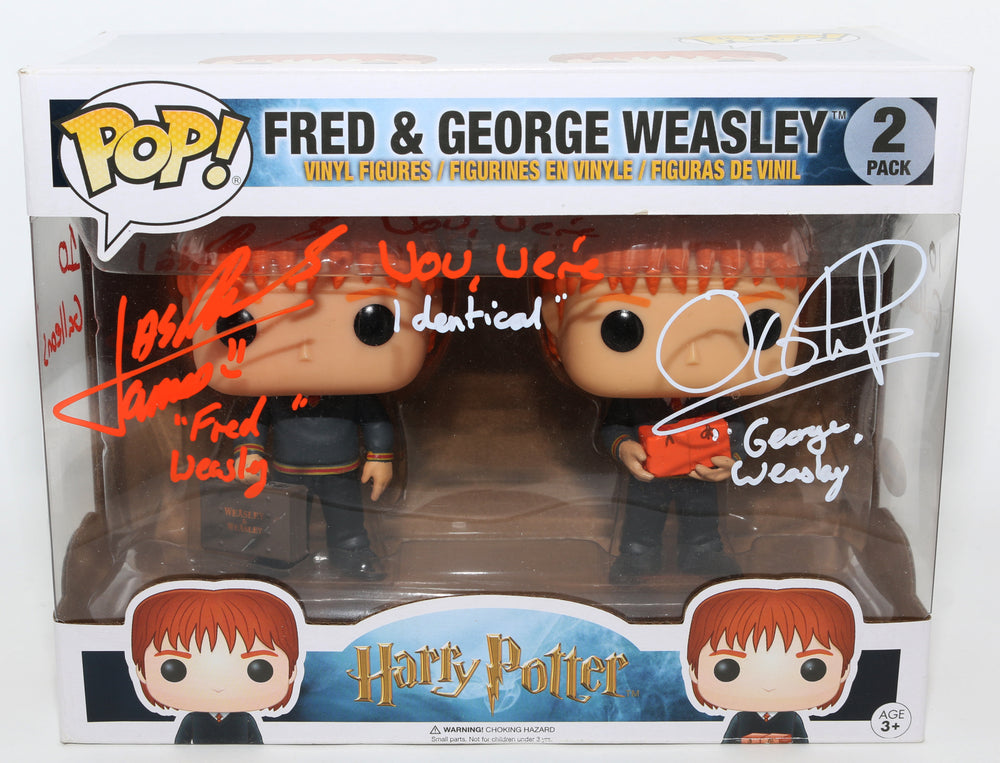 James Phelps as Fred Weasley & Oliver Phelps as George Weasley in Harry Potter (ACOA) Signed Funko POP! 2 Pack with Character Names & Quotes
