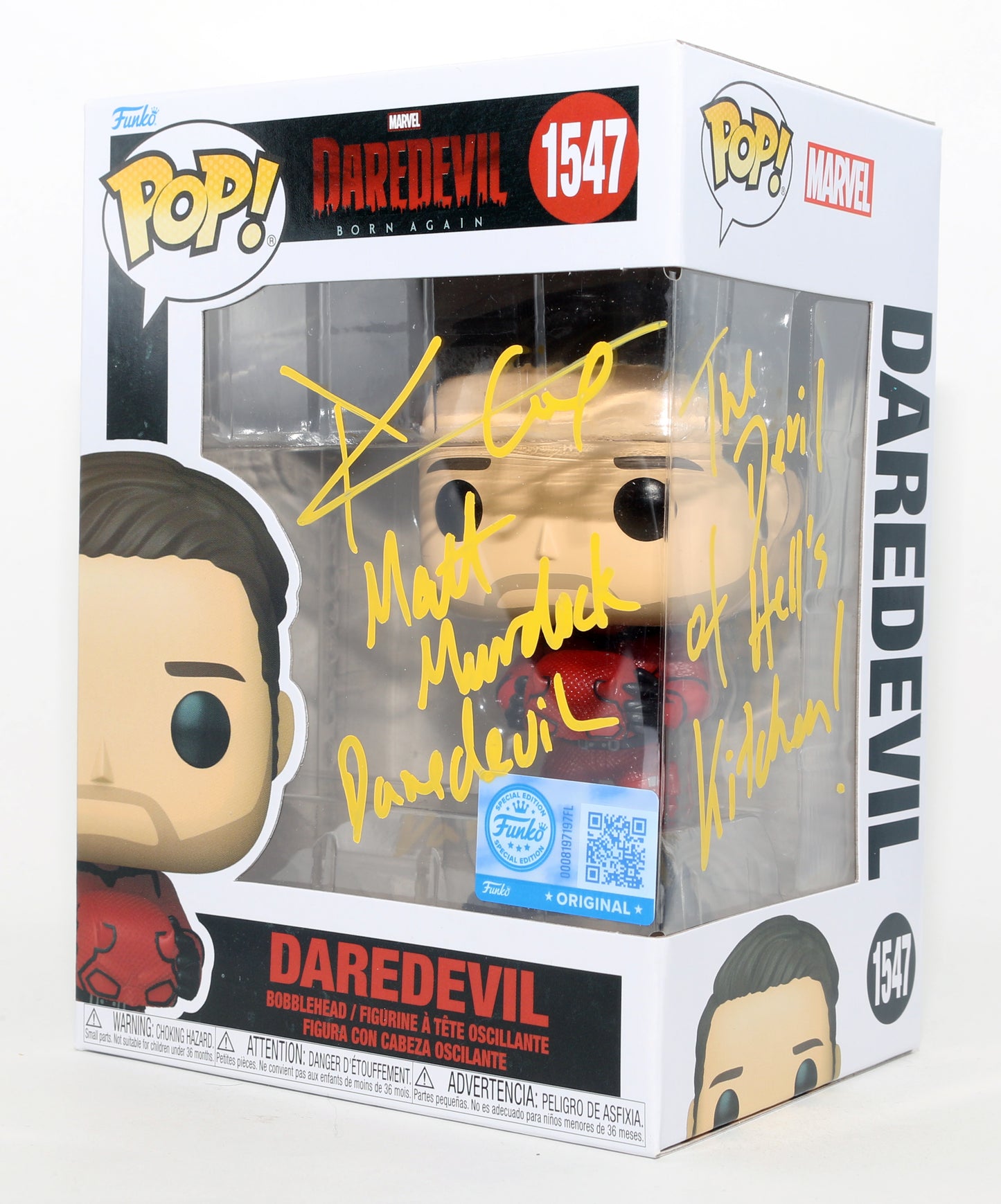 
                  
                    Charlie Cox as Daredevil in Daredevil: Born Again Special Edition Signed Funko POP! #1547 with Character Names & Quote
                  
                