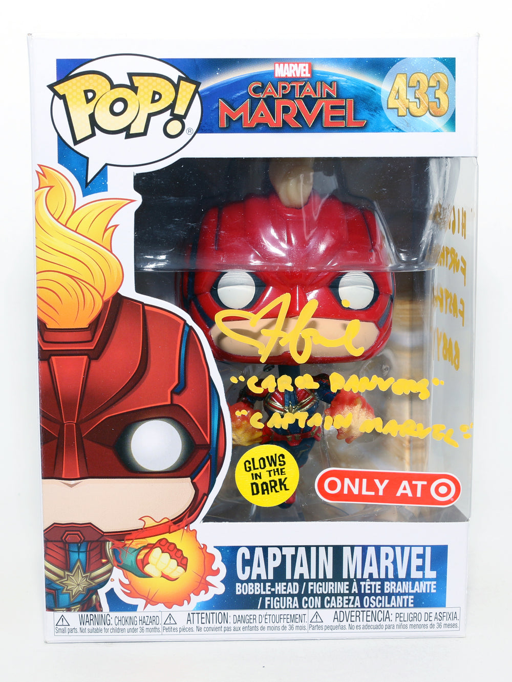 Brie Larson as Carol Danvers / Captain Marvel in Captain Marvel GITD Target Exclusive Signed Funko POP! #433 with Character Names & Quote