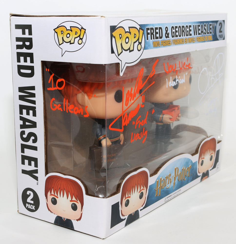 
                  
                    James Phelps as Fred Weasley & Oliver Phelps as George Weasley in Harry Potter (ACOA) Signed Funko POP! 2 Pack with Character Names & Quotes
                  
                