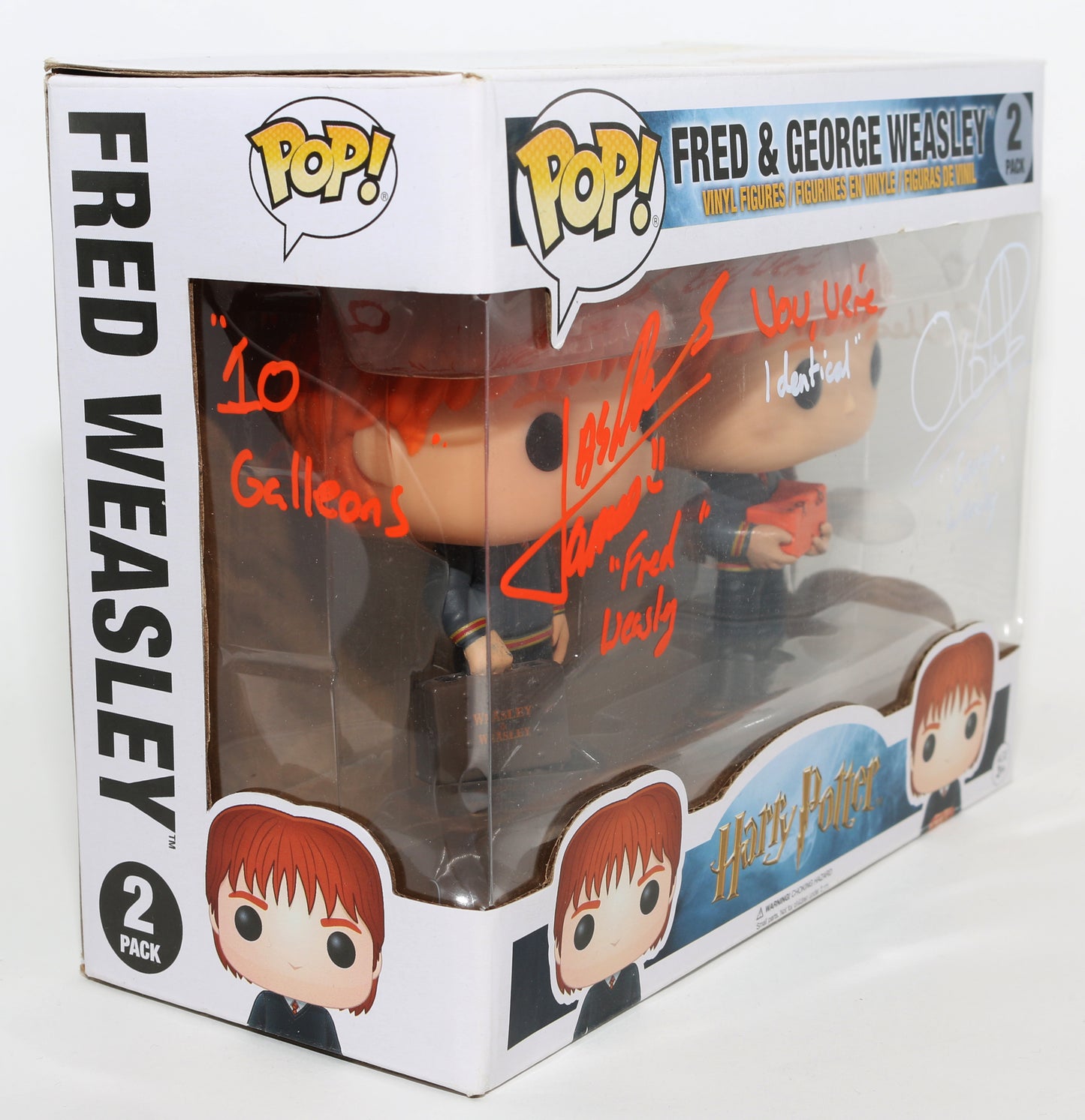 
                  
                    James Phelps as Fred Weasley & Oliver Phelps as George Weasley in Harry Potter (ACOA) Signed Funko POP! 2 Pack with Character Names & Quotes
                  
                