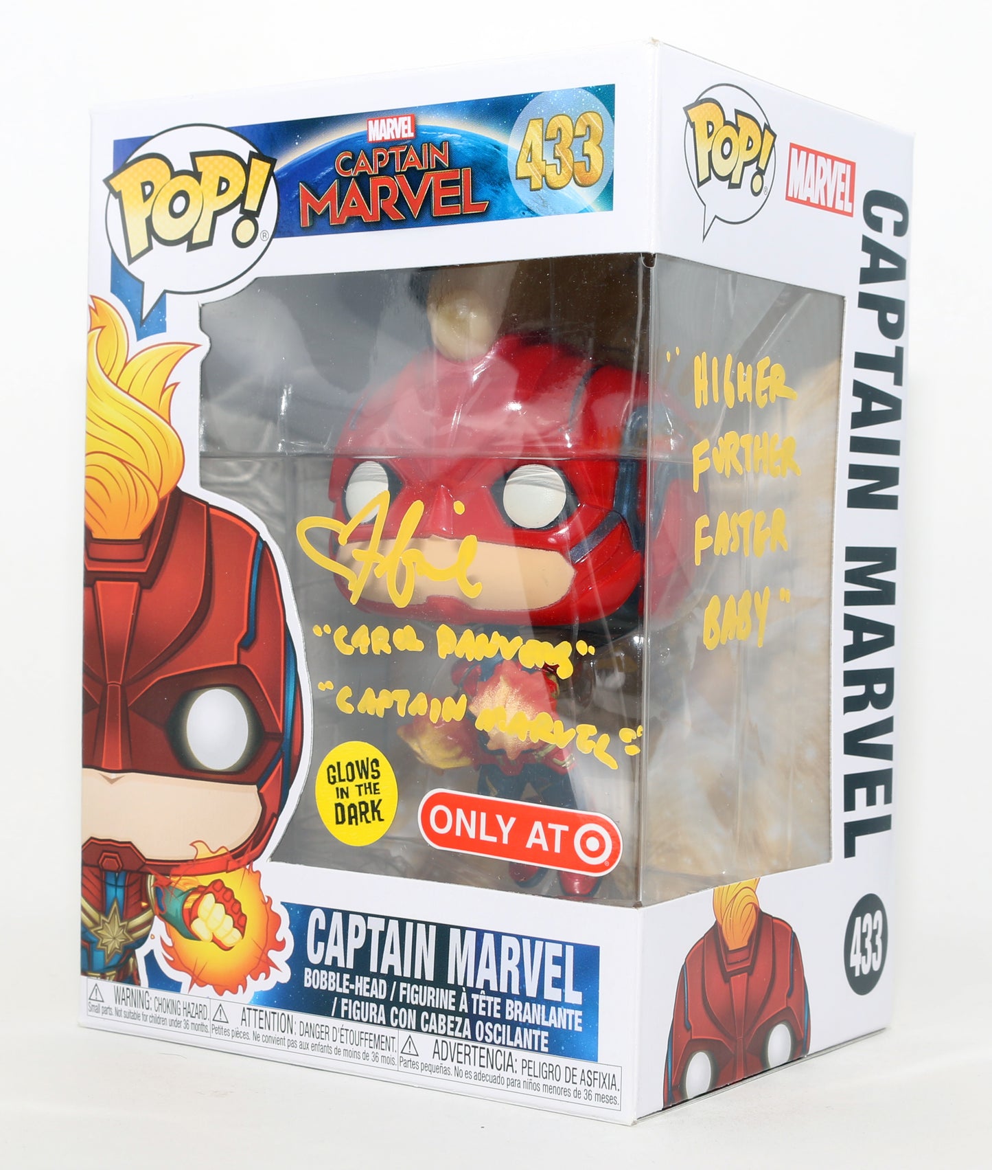 
                  
                    Brie Larson as Carol Danvers / Captain Marvel in Captain Marvel GITD Target Exclusive Signed Funko POP! #433 with Character Names & Quote
                  
                