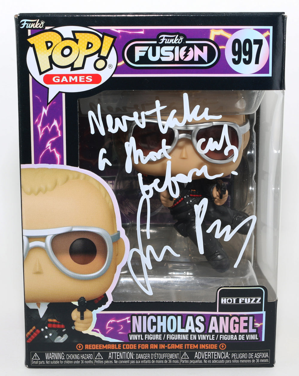 Simon Pegg as Nicholas Angel in Hot Fuzz Signed Funko POP! #997 with Quote