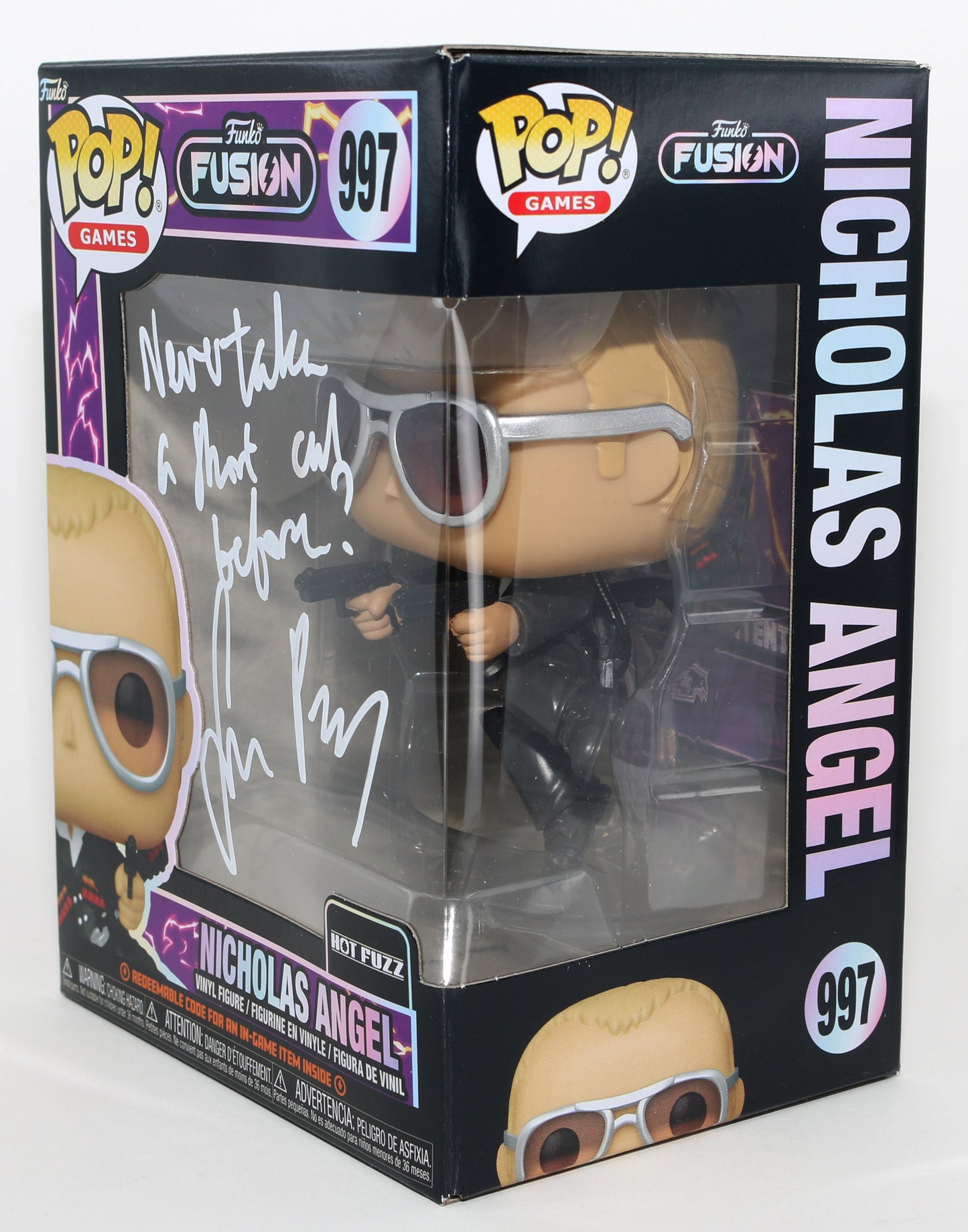 
                  
                    Simon Pegg as Nicholas Angel in Hot Fuzz Signed Funko POP! #997 with Quote
                  
                
