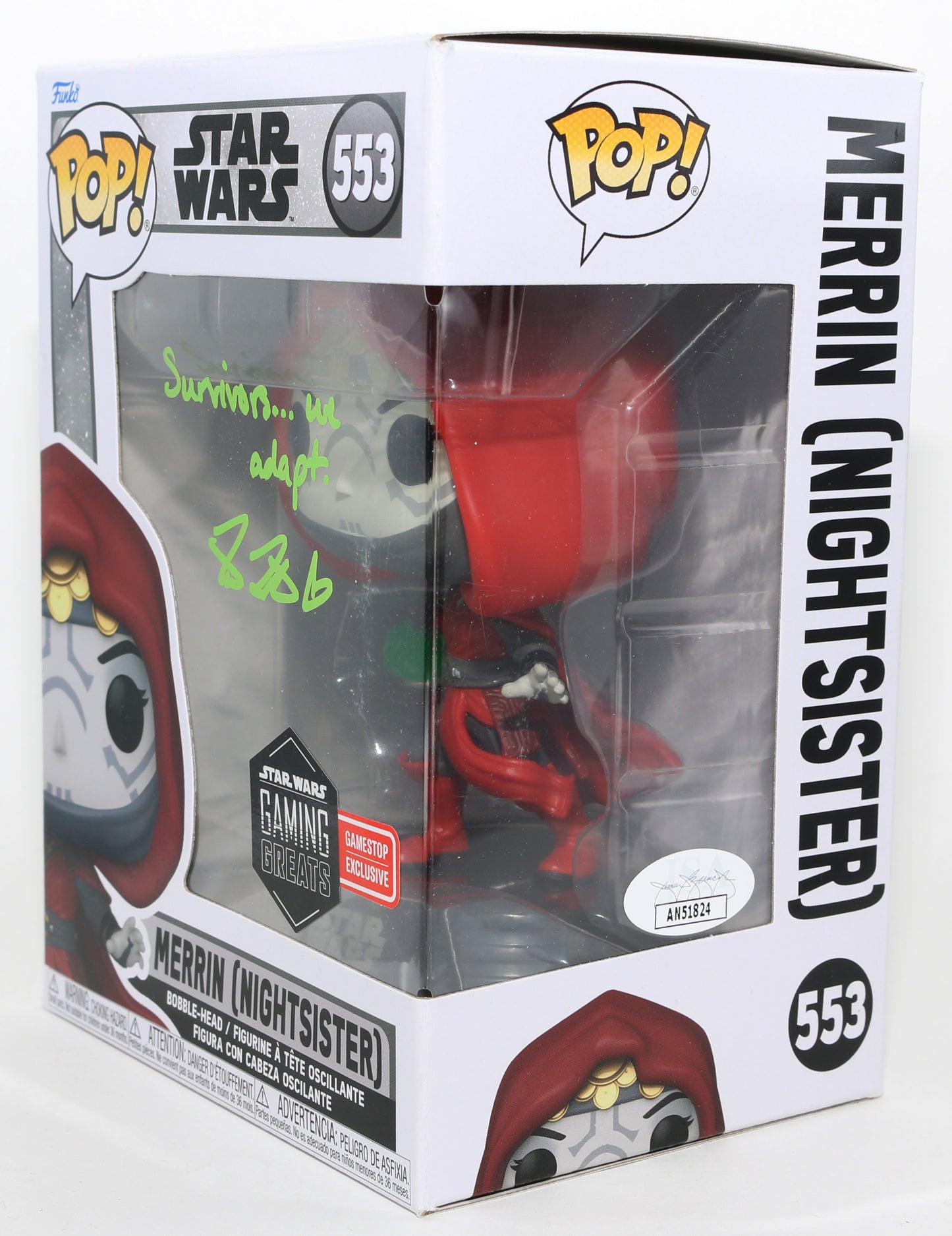 
                  
                    Tina Ivlev as Merrin (Nightsister) in Star Wars Jedi: Survivor Gamestop Exclusive (JSA) Signed Funko POP! #553 with Quote
                  
                