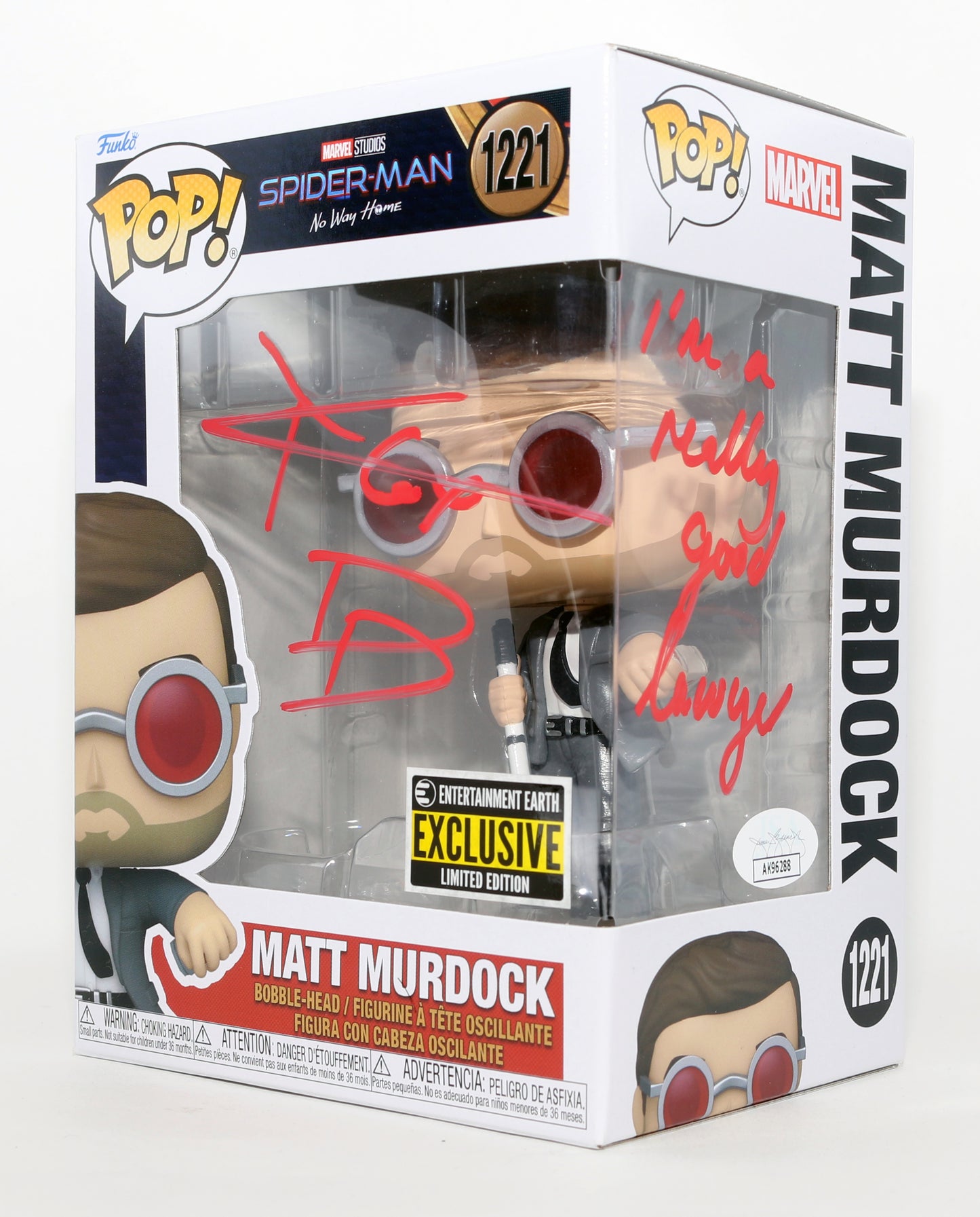 
                  
                    Charlie Cox as Matt Murdock / Daredevil in Spider-Man: No Way Home Limited Edition Entertainment Earth Exclusive (JSA) Signed Funko POP! #1221 with Character Initials & Quote
                  
                