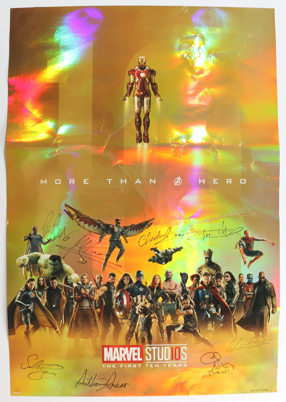 Marvel Studios: The First Ten Years 18.5x27 Limited Edition #3145/3500 El Capitan Theater Poster Cast Signed by Tom Holland, Sebastian Stan, Paul Bettany, Michael Rooker, Clark Gregg, Directors: Joe & Anthony Russo, & Chadwick Boseman