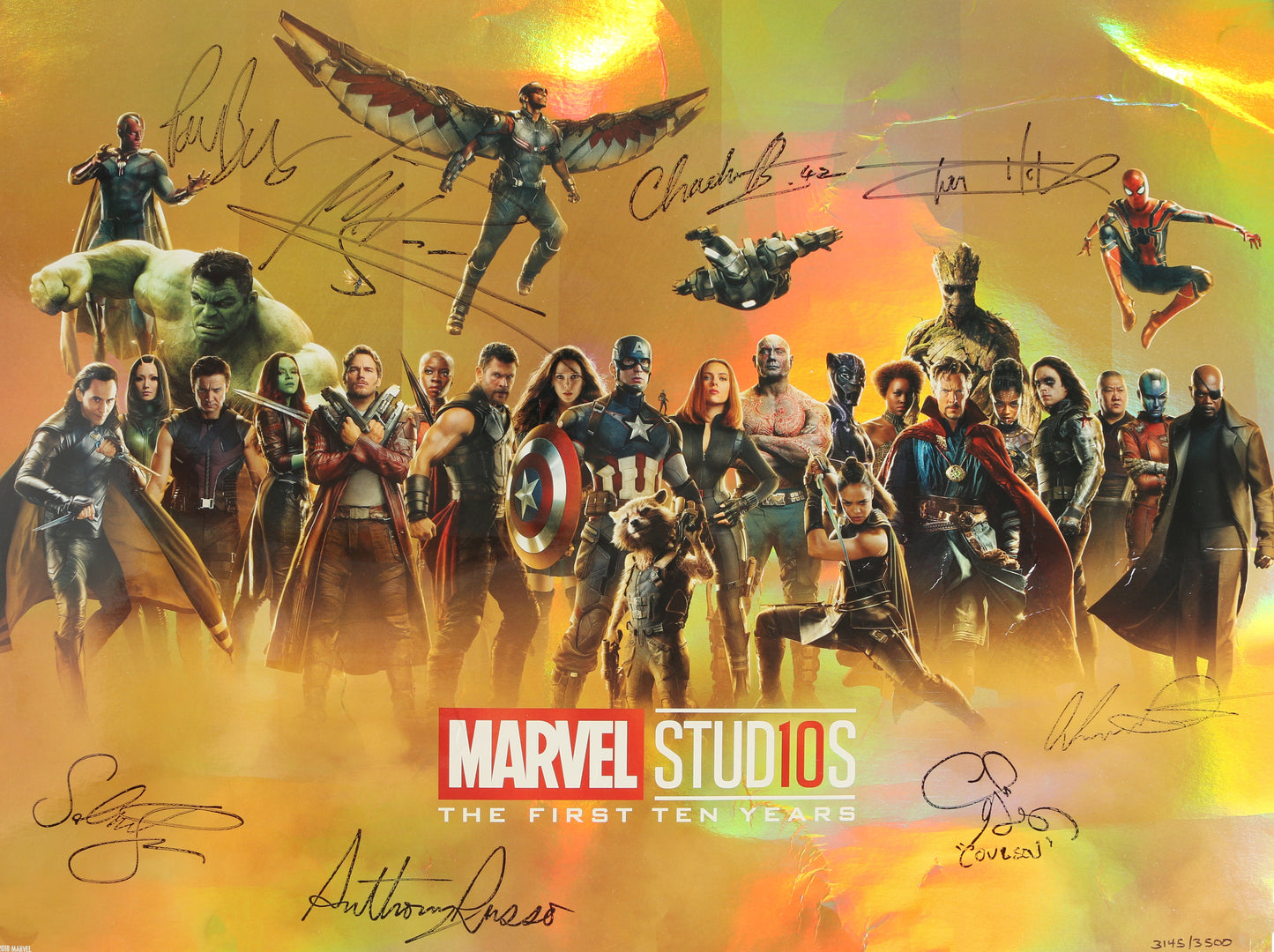 
                  
                    Marvel Studios: The First Ten Years 18.5x27 Limited Edition #3145/3500 El Capitan Theater Poster Cast Signed by Tom Holland, Sebastian Stan, Paul Bettany, Michael Rooker, Clark Gregg, Directors: Joe & Anthony Russo, & Chadwick Boseman
                  
                