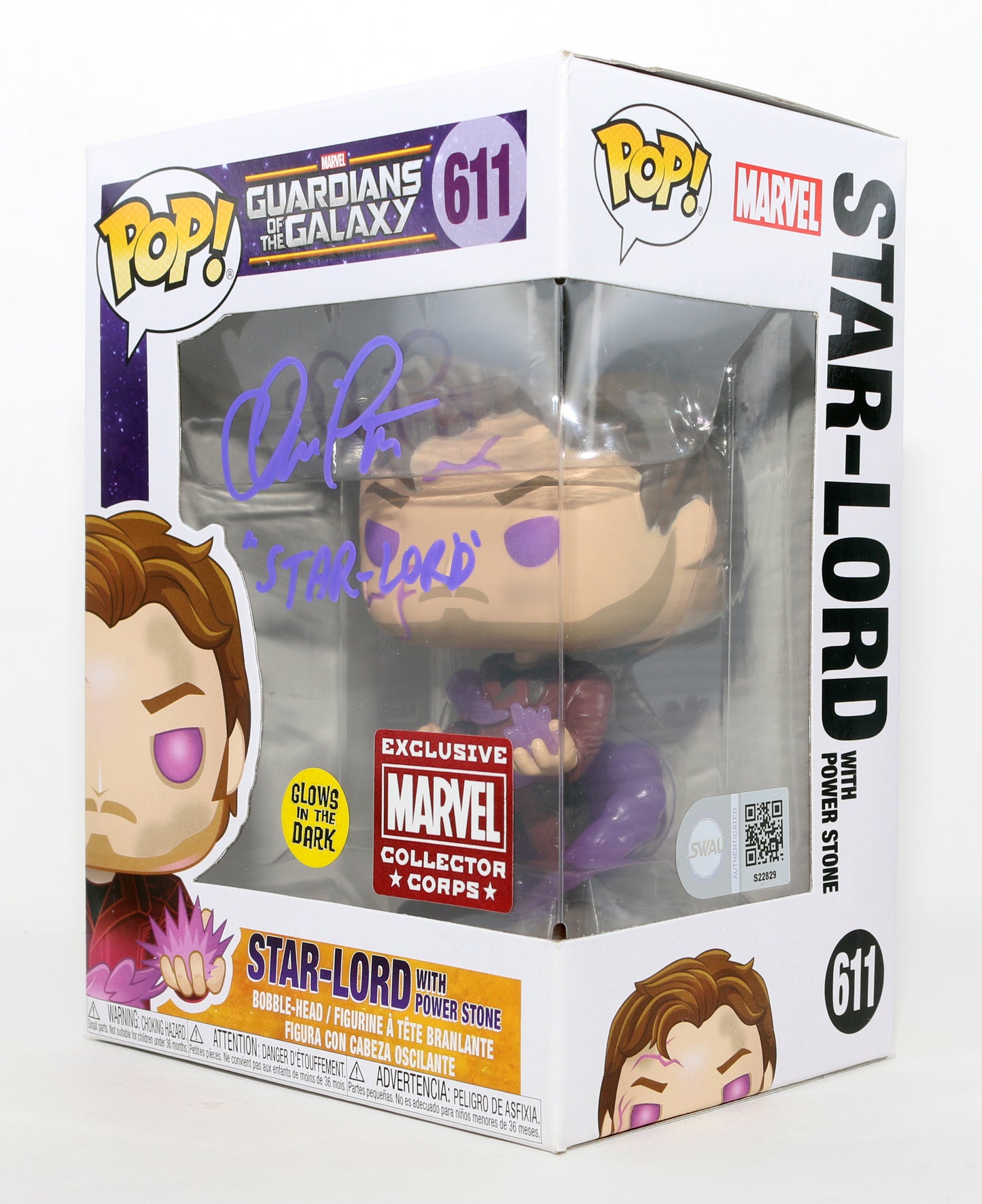 
                  
                    Chris Pratt as Peter Quill / Star-Lord in Guardians of the Galaxy GITD Marvel Collector Corps Exclusive (SWAU) Signed Funko POP! #611 with Character Name
                  
                