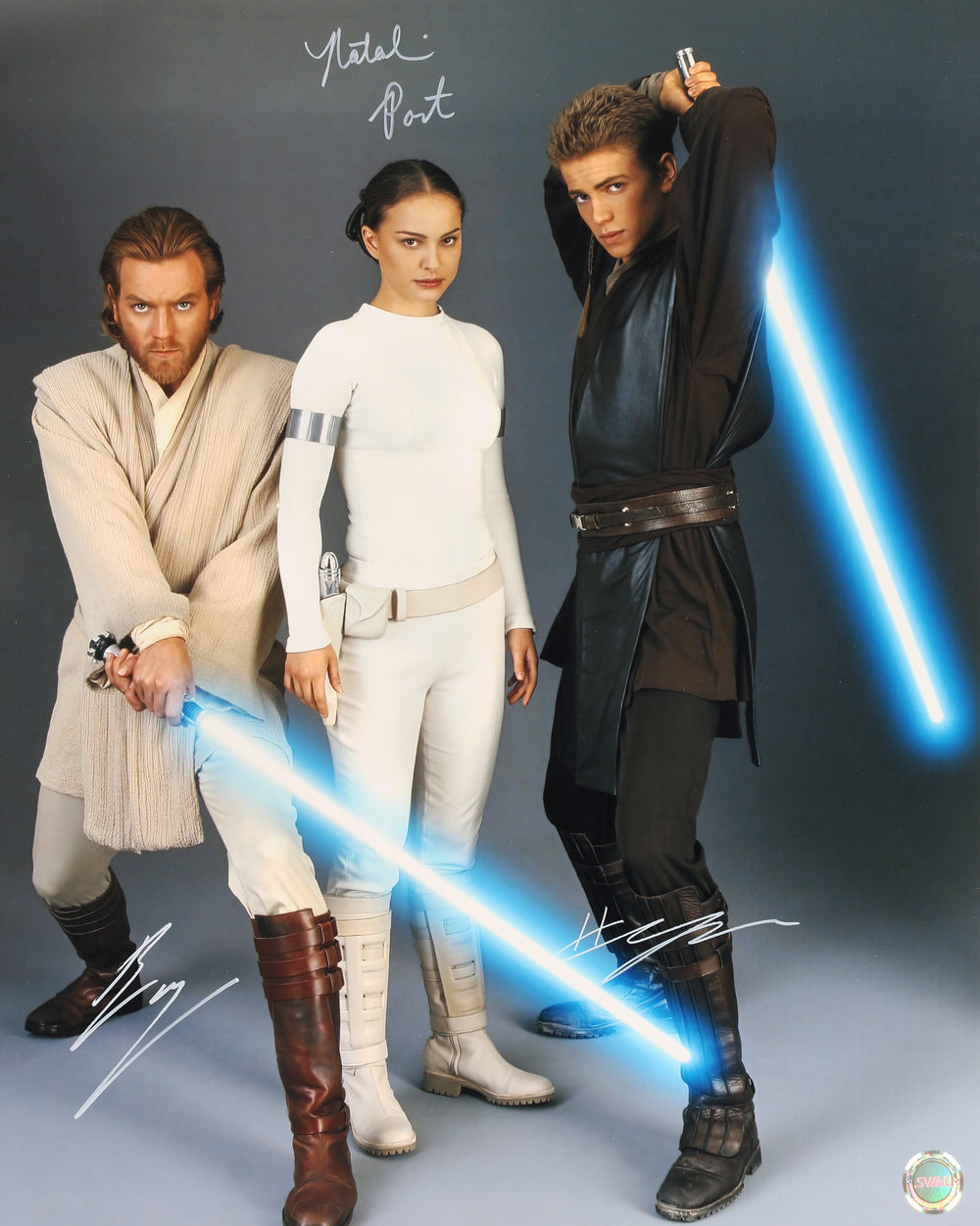 Ewan McGregor as Obi-Wan Kenobi, Natalie Portman as Padme Amidala, & Hayden Christensen as Anakin Skywalker in Star Wars Episode II: Attack of the Clones (SWAU) Signed 16x20 Photo
