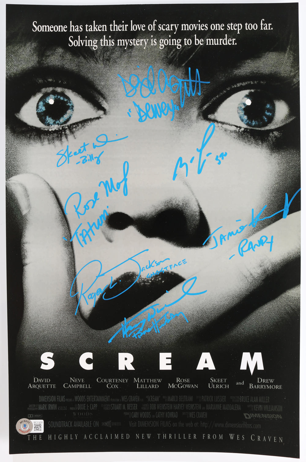Scream 11x17 Mini Poster (Beckett) Cast Signed by David Arquette, Jamie Kennedy, Skeet Ulrich, Matthew Lillard, Rose McGowan, Roger Jackson, & Henry Winkler with Character Names