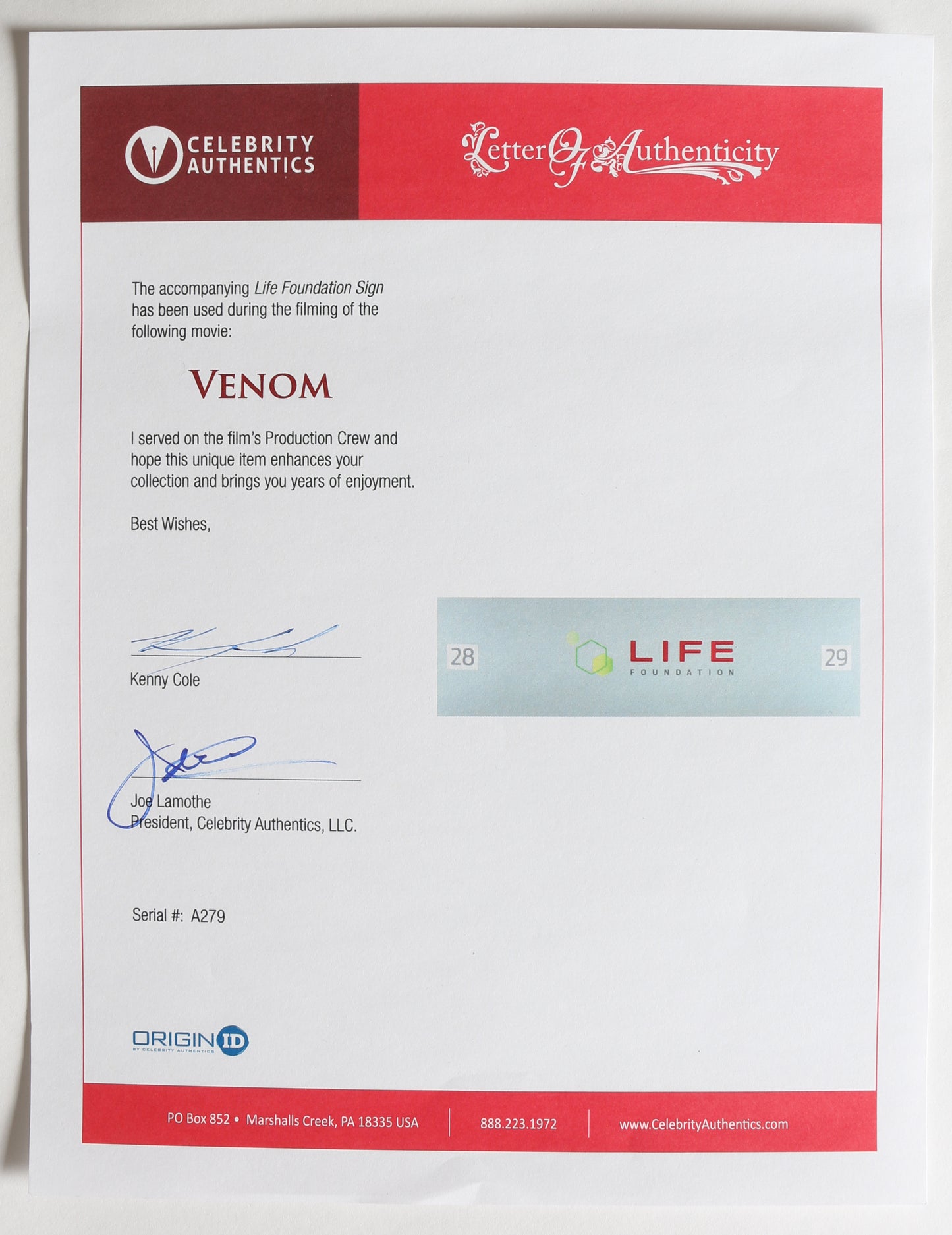 
                  
                    Venom Movie Production Used Life Foundation Sign (Celebrity Authentics) 2018
                  
                