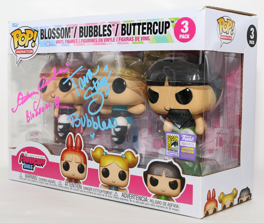 
                  
                    Cathy Cavadini as Blossom & Tara Strong as Bubbles in The Powerpuff Girls Diamond Collection SDCC 2023 Limited to 1000 Pieces (PSA) Signed Funko POP! 3 Pack with Character Names
                  
                