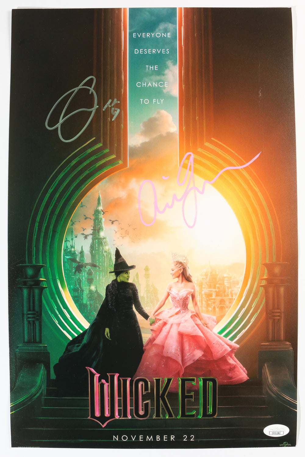 Cynthia Erivo as Elphaba Thropp & Ariana Grande as Galinda Upland in Wicked (JSA) Signed 11x17 Mini Poster