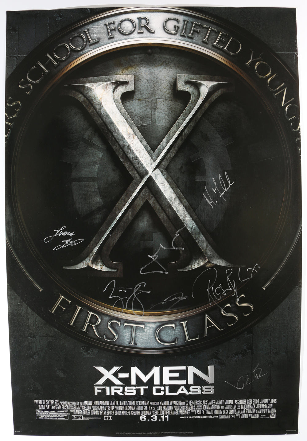 X-Men: First Class 27x40 Poster Cast Signed by James Mcavoy, Michael Fassbender, Kevin Bacon, Lucas Till, Zoe Kravitz, Rose Byrne, & January Jones