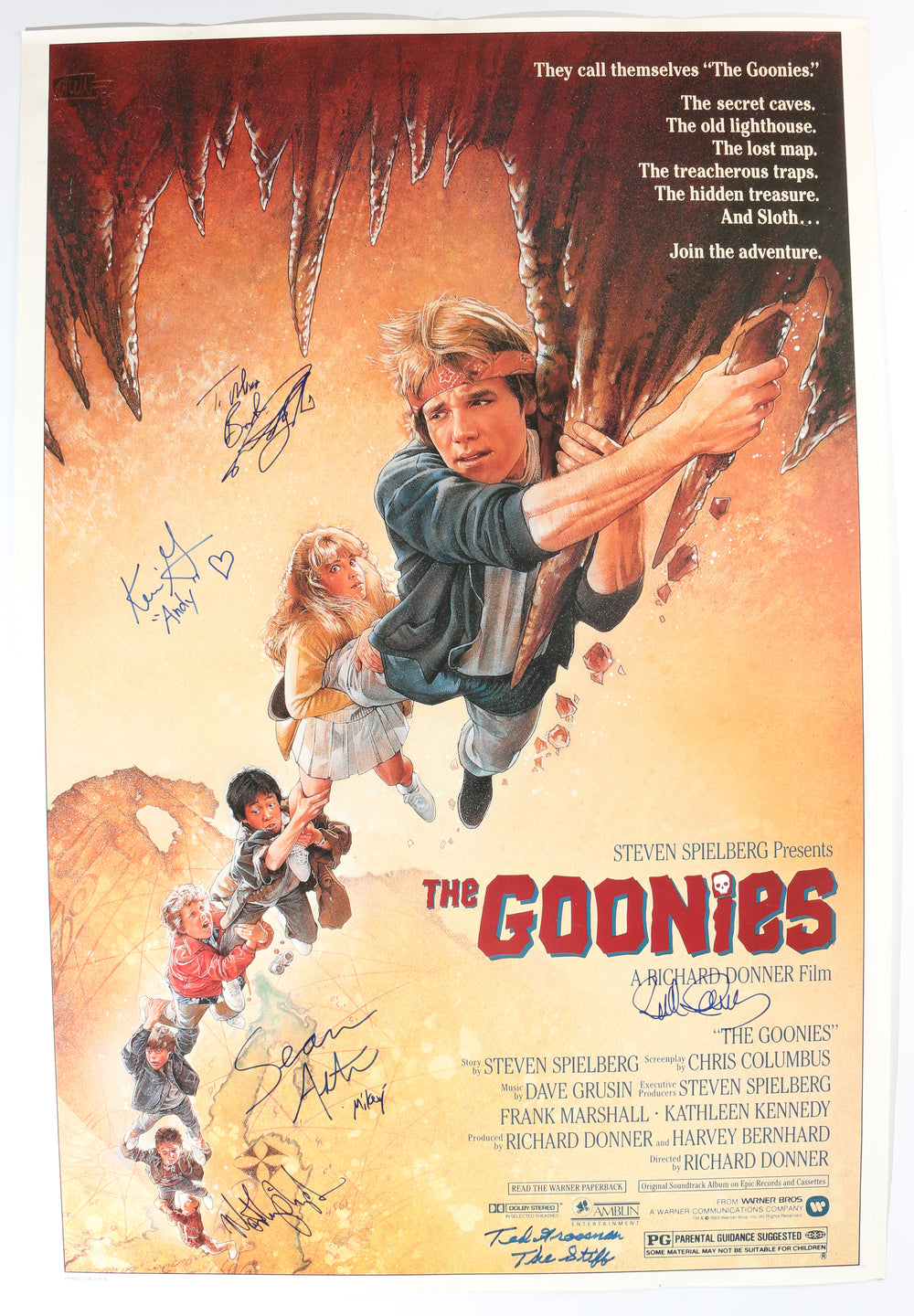 The Goonies 27x40 Poster Cast Signed by Sean Astin, Josh Brolin, Martha Plimpton, Kerri Green, Ted Grossman, and Director: Richard Donner