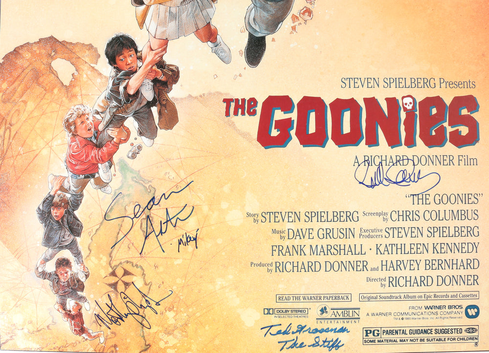 
                  
                    The Goonies 27x40 Poster Cast Signed by Sean Astin, Josh Brolin, Martha Plimpton, Kerri Green, Ted Grossman, and Director: Richard Donner
                  
                