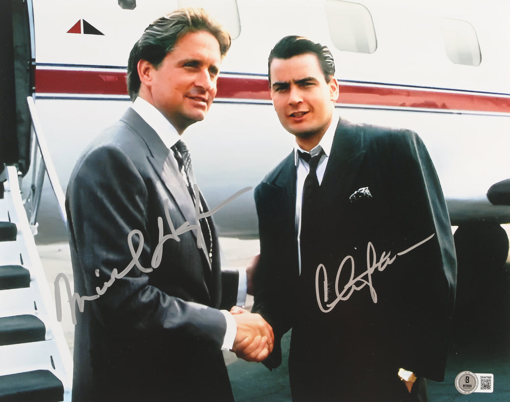 Michael Douglas as Gordon Gekko & Charlie Sheen as Bud Fox Oliver Stone's Wall Street (Beckett) Signed 11x14 Photo