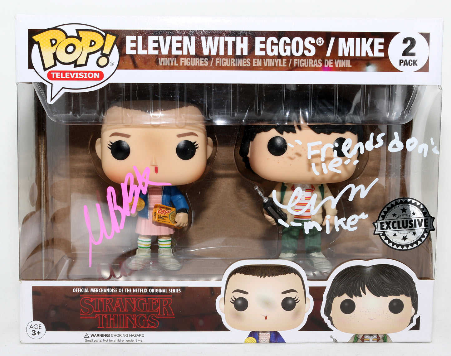 
                  
                    Millie Bobby Brown as Eleven with Eggos with Finn Wolfhard as Mike Wheeler in Stranger Things (SWAU) Signed Funko POP! 2 Pack with Character Name & Quote
                  
                