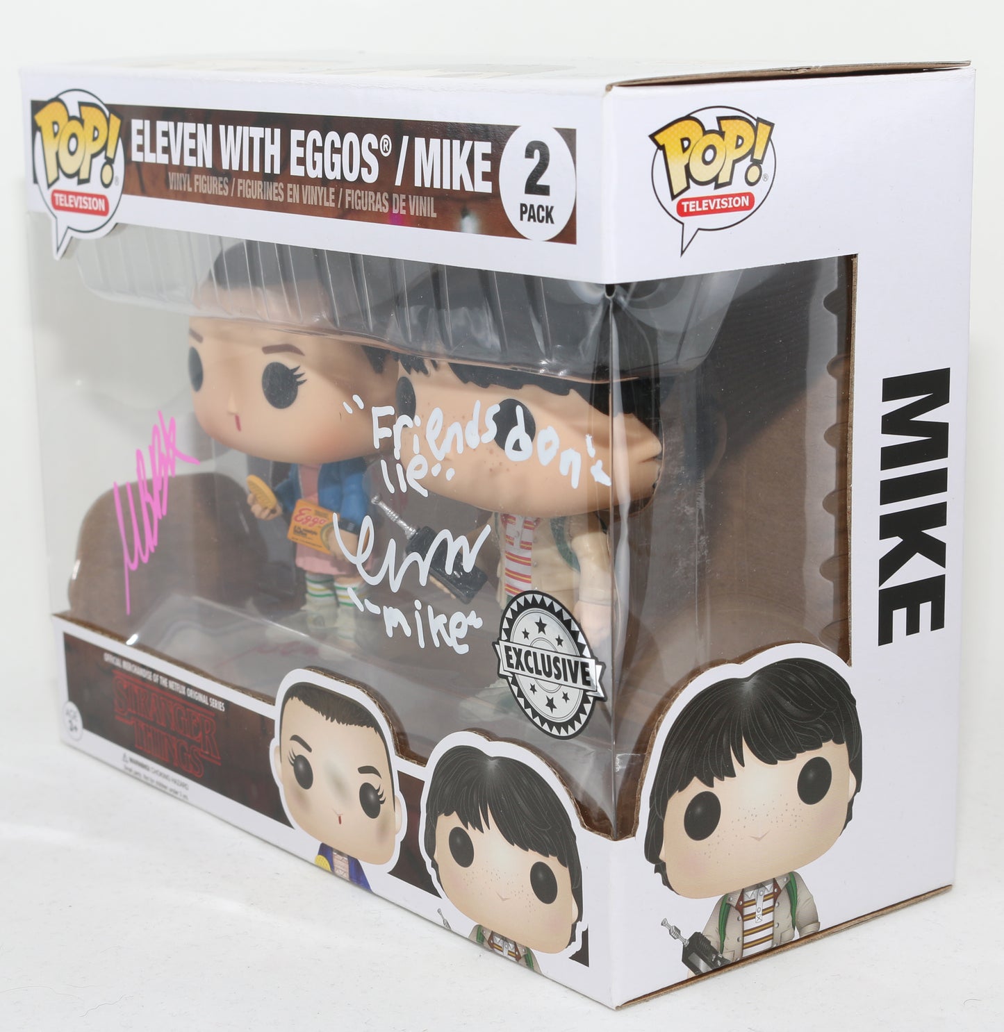 
                  
                    Millie Bobby Brown as Eleven with Eggos with Finn Wolfhard as Mike Wheeler in Stranger Things (SWAU) Signed Funko POP! 2 Pack with Character Name & Quote
                  
                