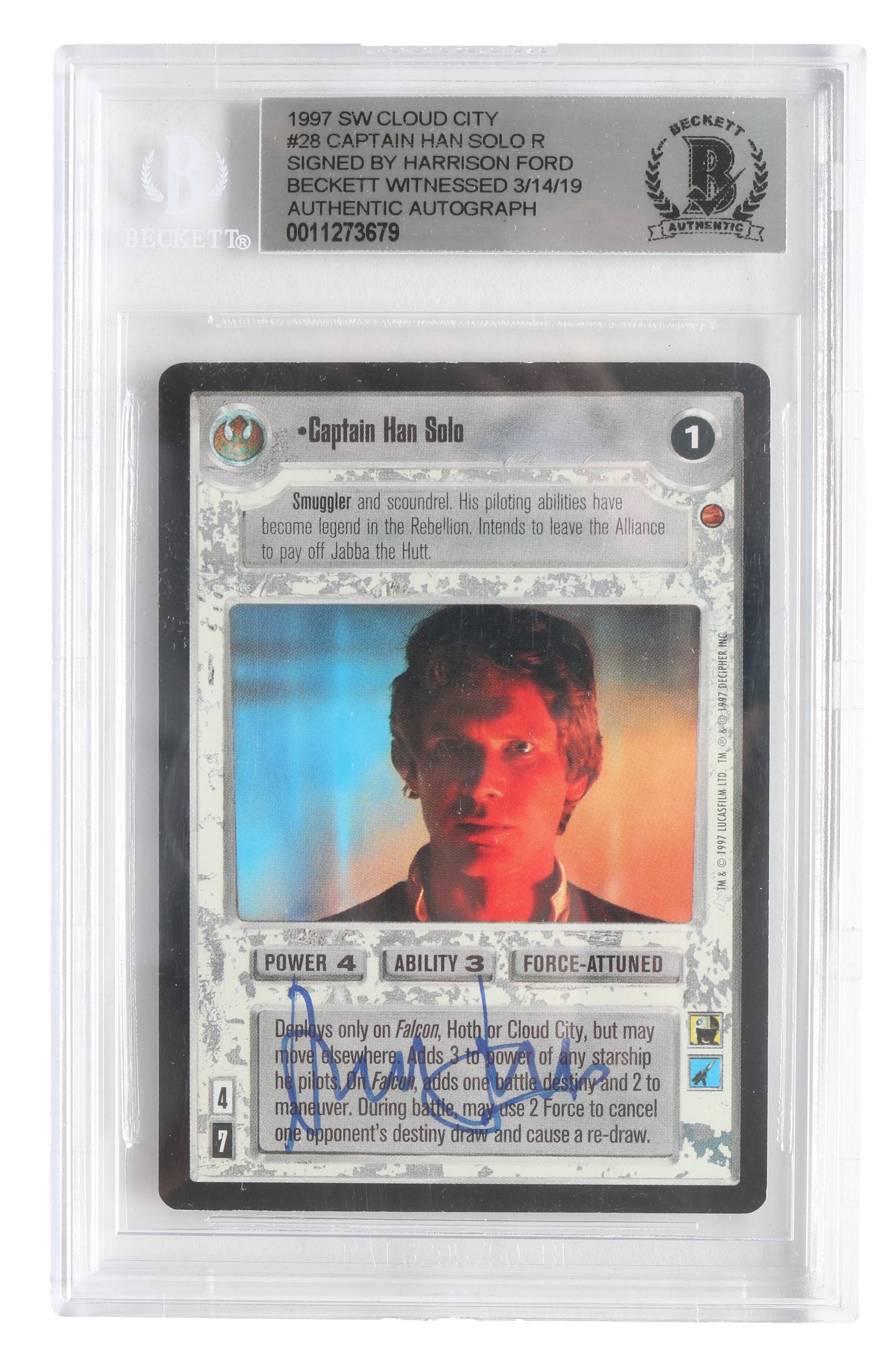 
                  
                    Harrison Ford as Han Solo in Star Wars: The Empire Strikes Back (Beckett Witnessed Slabbed) Signed Star Wars Customizable Card Game CCG #28 Trading Card 1997
                  
                