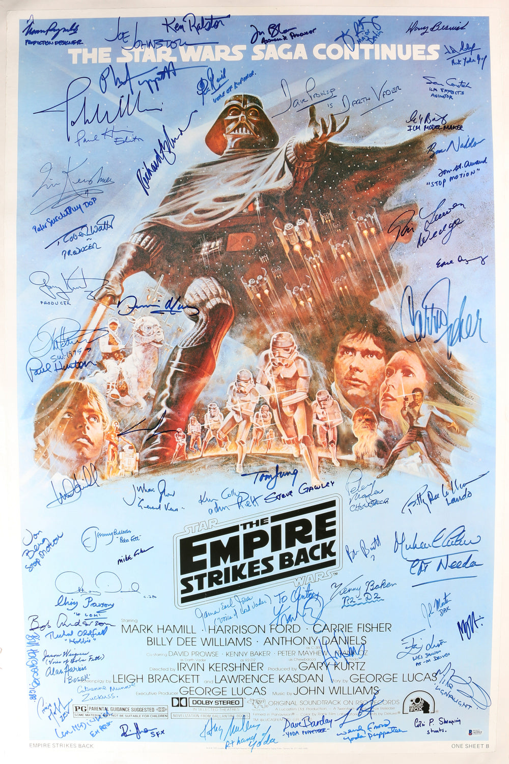 Star Wars: The Empire Strikes Back 26x40 Poster Cast Signed by George Lucas, John Williams, Harrison Ford, Carrie Fisher, Mark Hamill, Irvin Kershner, Frank Oz, Peter Mayhew, Anthony Daniels, Kenny Baker, James Earl Jones, Dave Prowse, Bob Anderson & More