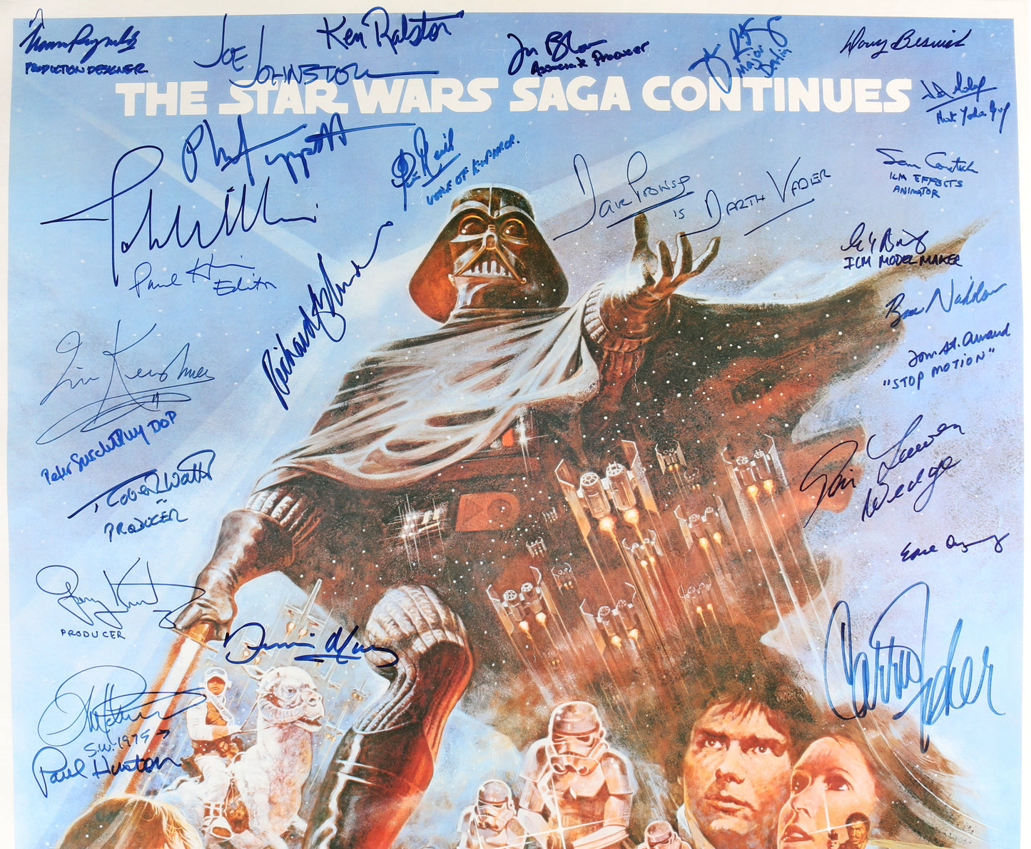 
                  
                    Star Wars: The Empire Strikes Back 26x40 Poster Cast Signed by George Lucas, John Williams, Harrison Ford, Carrie Fisher, Mark Hamill, Irvin Kershner, Frank Oz, Peter Mayhew, Anthony Daniels, Kenny Baker, James Earl Jones, Dave Prowse, Bob Anderson & More
                  
                