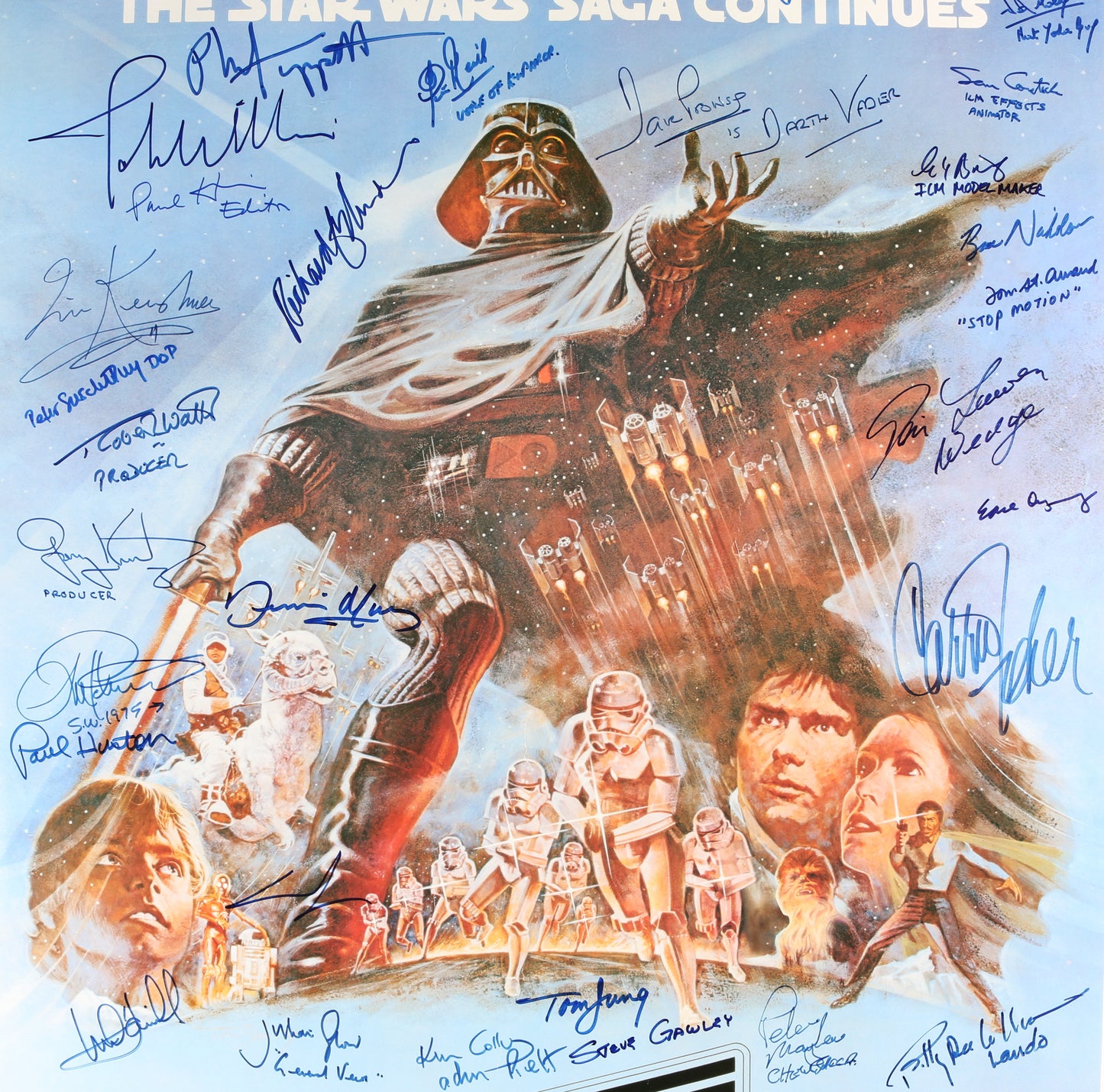 
                  
                    Star Wars: The Empire Strikes Back 26x40 Poster Cast Signed by George Lucas, John Williams, Harrison Ford, Carrie Fisher, Mark Hamill, Irvin Kershner, Frank Oz, Peter Mayhew, Anthony Daniels, Kenny Baker, James Earl Jones, Dave Prowse, Bob Anderson & More
                  
                