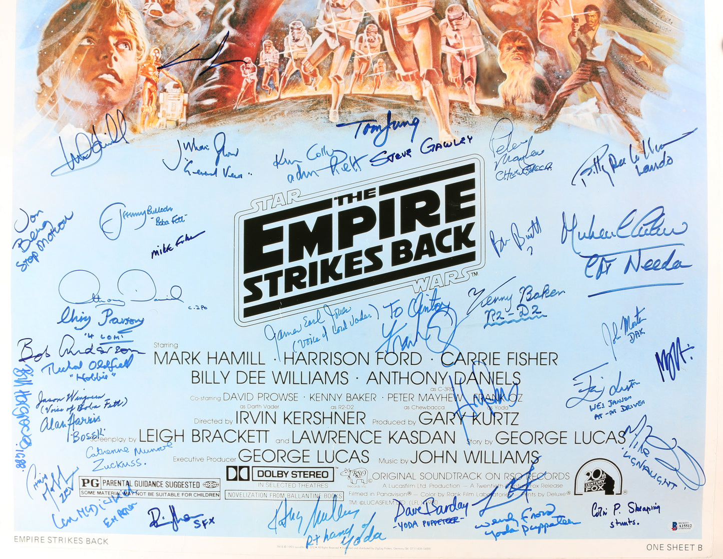 
                  
                    Star Wars: The Empire Strikes Back 26x40 Poster Cast Signed by George Lucas, John Williams, Harrison Ford, Carrie Fisher, Mark Hamill, Irvin Kershner, Frank Oz, Peter Mayhew, Anthony Daniels, Kenny Baker, James Earl Jones, Dave Prowse, Bob Anderson & More
                  
                