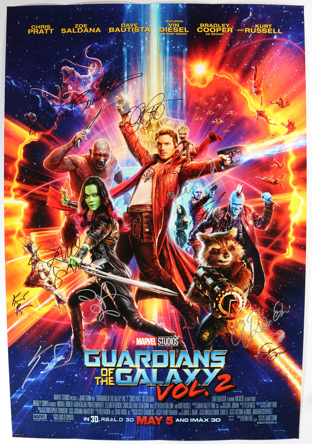 Guardians of the Galaxy Vol. 2 27x40 Poster Cast Signed by Chris Pratt, Kurt Russell, Zoe Saldaña, Dave Bautista, Sean Gunn, Karen Gillan, Pom Klementieff, Elizabeth Debicki, Producer: Kevin Feige, & Director: James Gunn