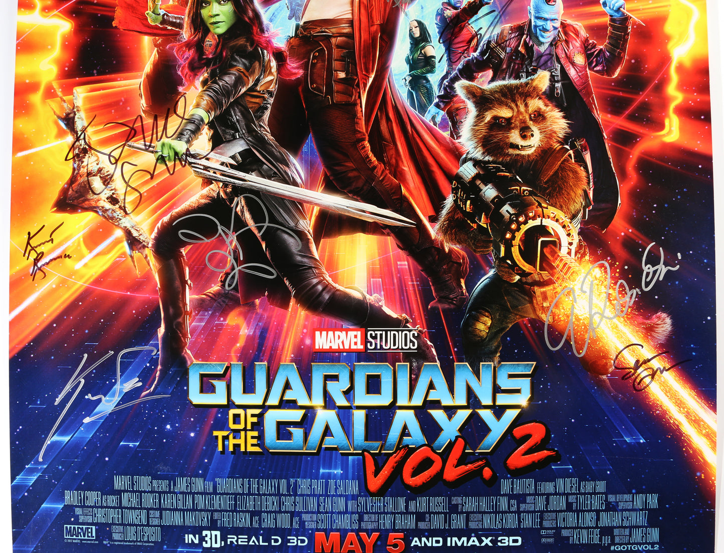 
                  
                    Guardians of the Galaxy Vol. 2 27x40 Poster Cast Signed by Chris Pratt, Kurt Russell, Zoe Saldaña, Dave Bautista, Sean Gunn, Karen Gillan, Pom Klementieff, Elizabeth Debicki, Producer: Kevin Feige, & Director: James Gunn
                  
                
