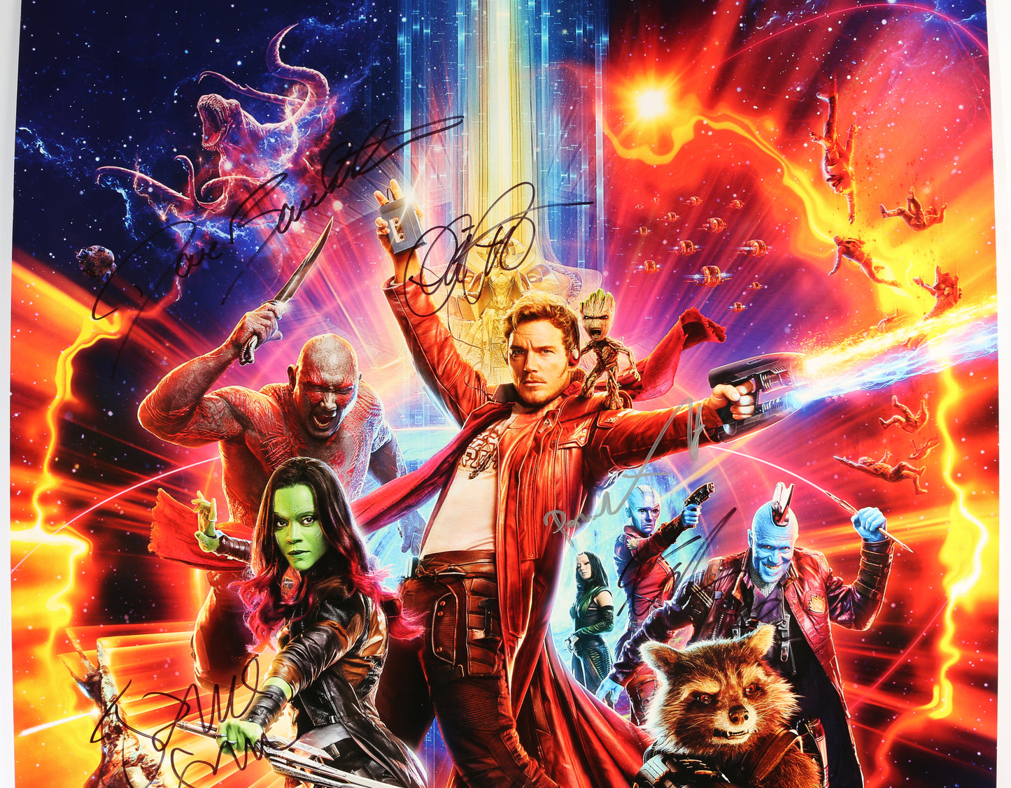 
                  
                    Guardians of the Galaxy Vol. 2 27x40 Poster Cast Signed by Chris Pratt, Kurt Russell, Zoe Saldaña, Dave Bautista, Sean Gunn, Karen Gillan, Pom Klementieff, Elizabeth Debicki, Producer: Kevin Feige, & Director: James Gunn
                  
                