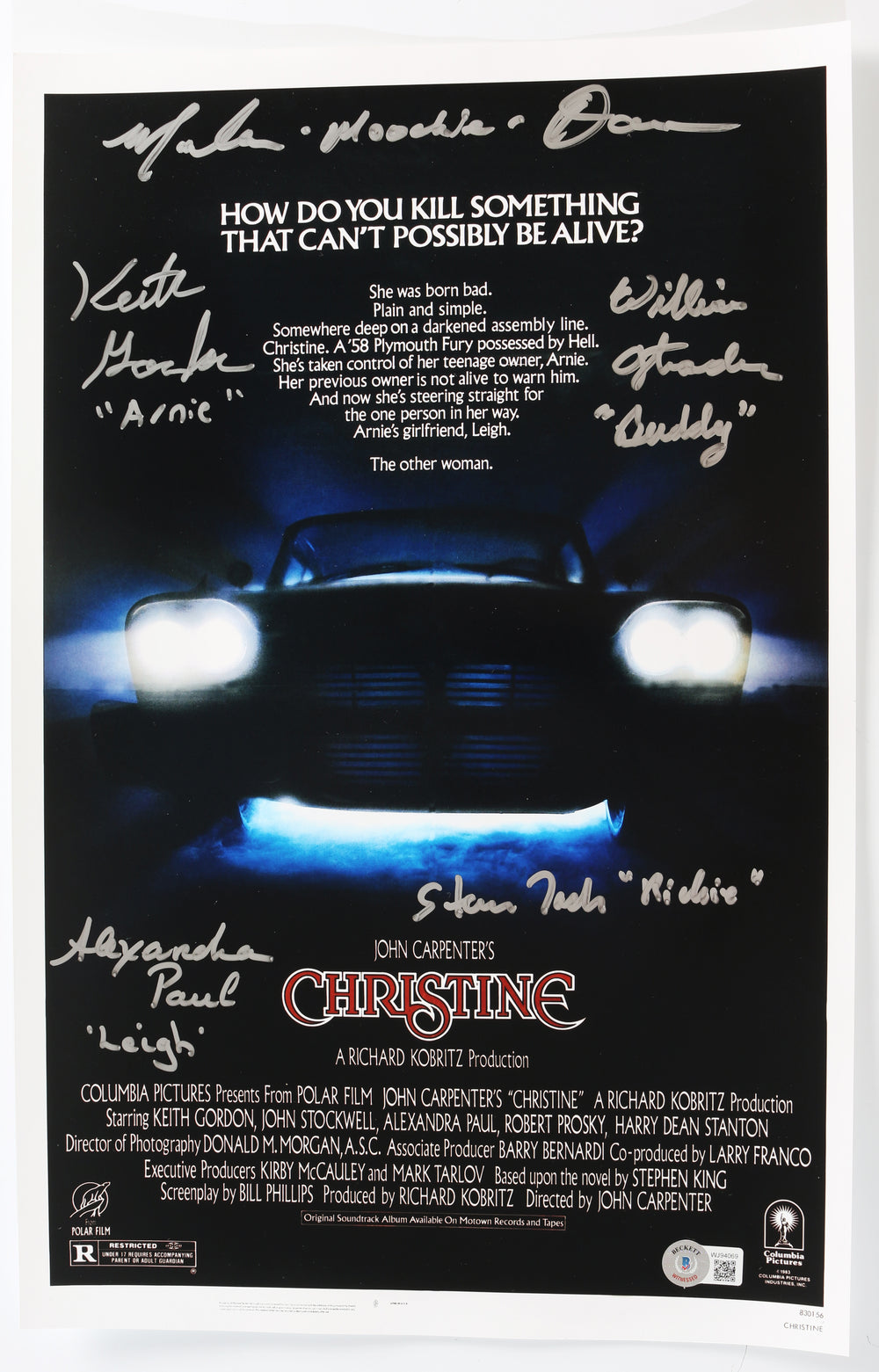 Christine 11x17 Mini Poster Cast Signed by Alexandra Paul,  William Ostrander, Malcolm Danare, Steven Tash, & Keith Gordon with Character Names